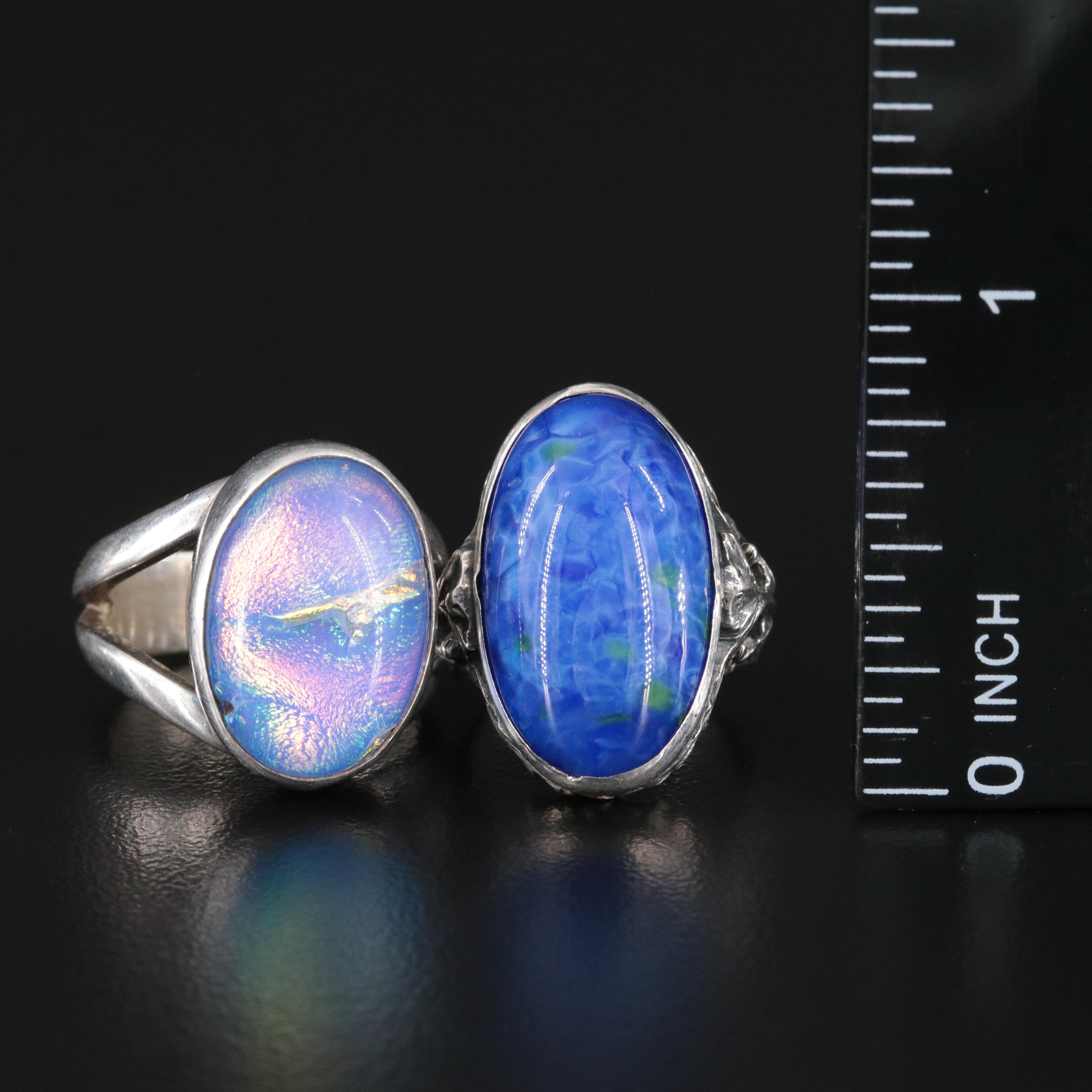 Sterling Charoite, Rainbow Moonstone and Glass Rings