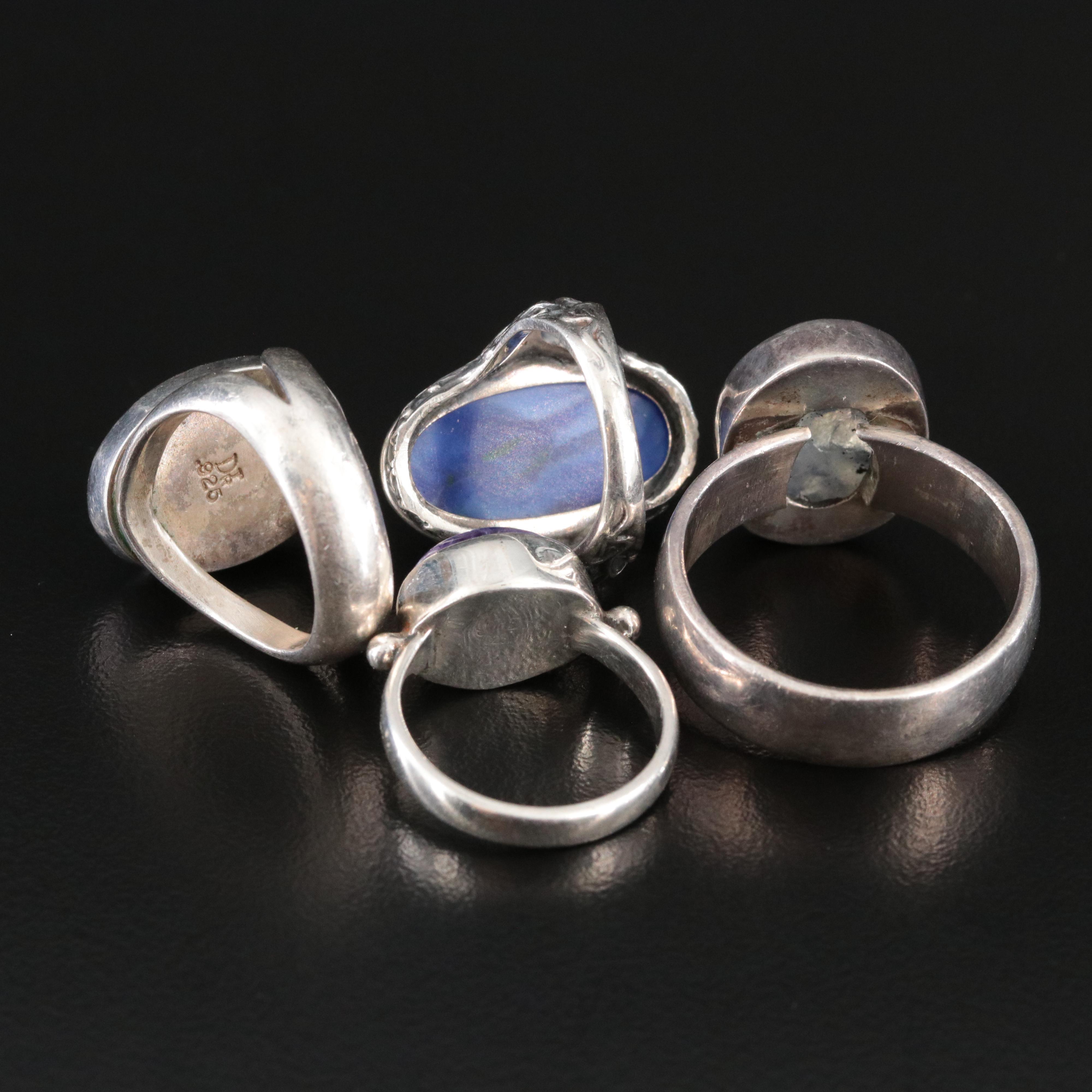 Sterling Charoite, Rainbow Moonstone and Glass Rings