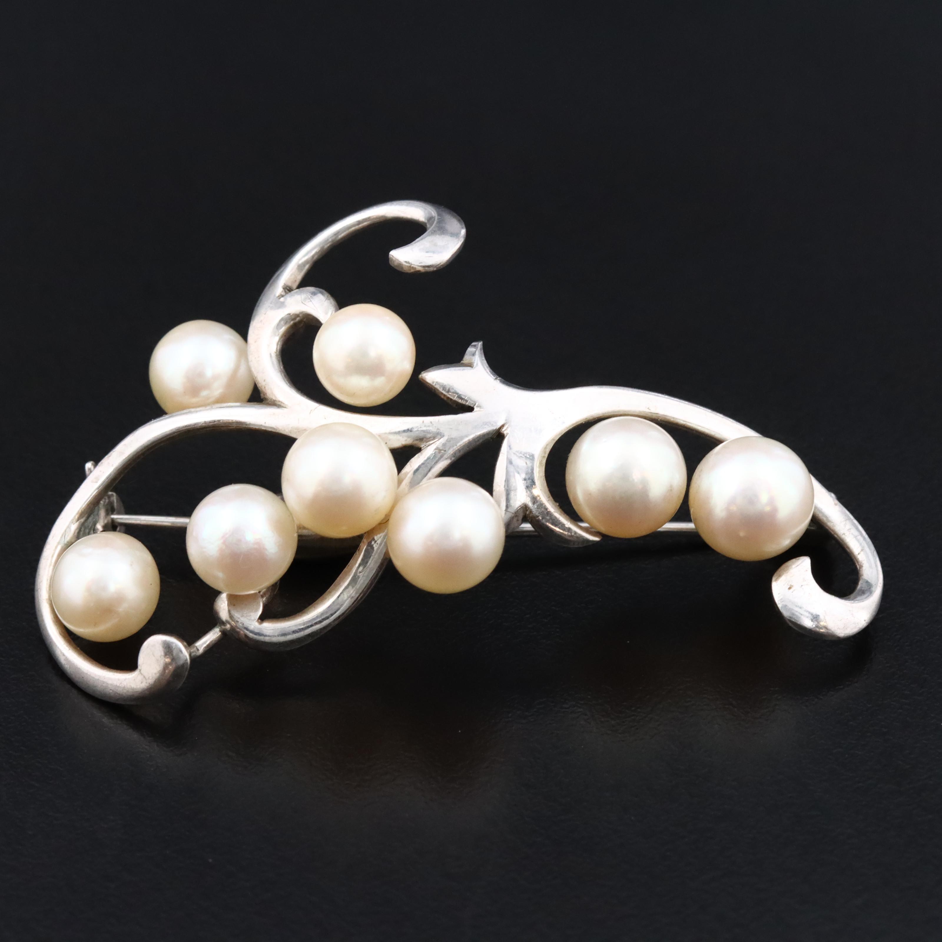 Sterling Pearl Scrollwork Brooch