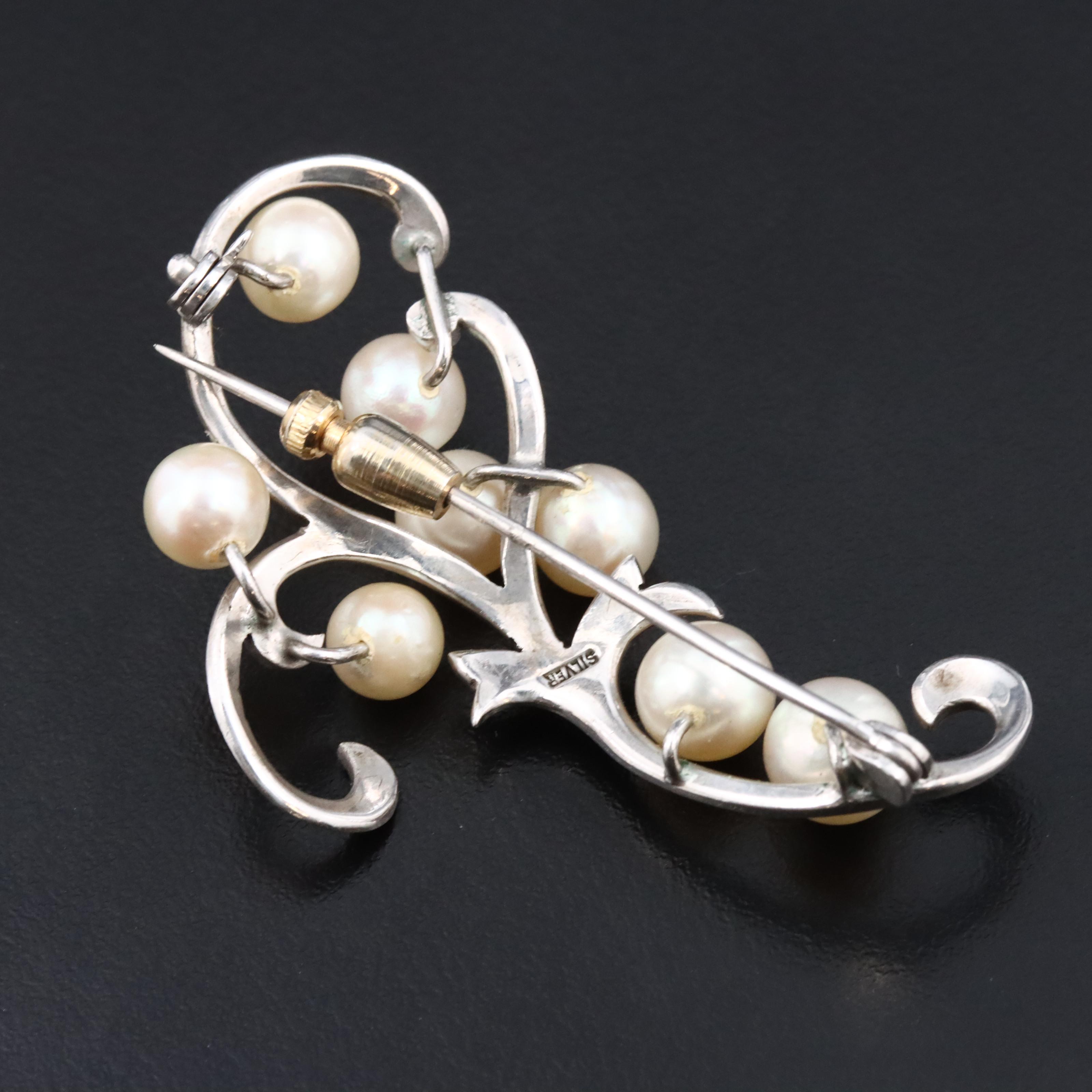 Sterling Pearl Scrollwork Brooch