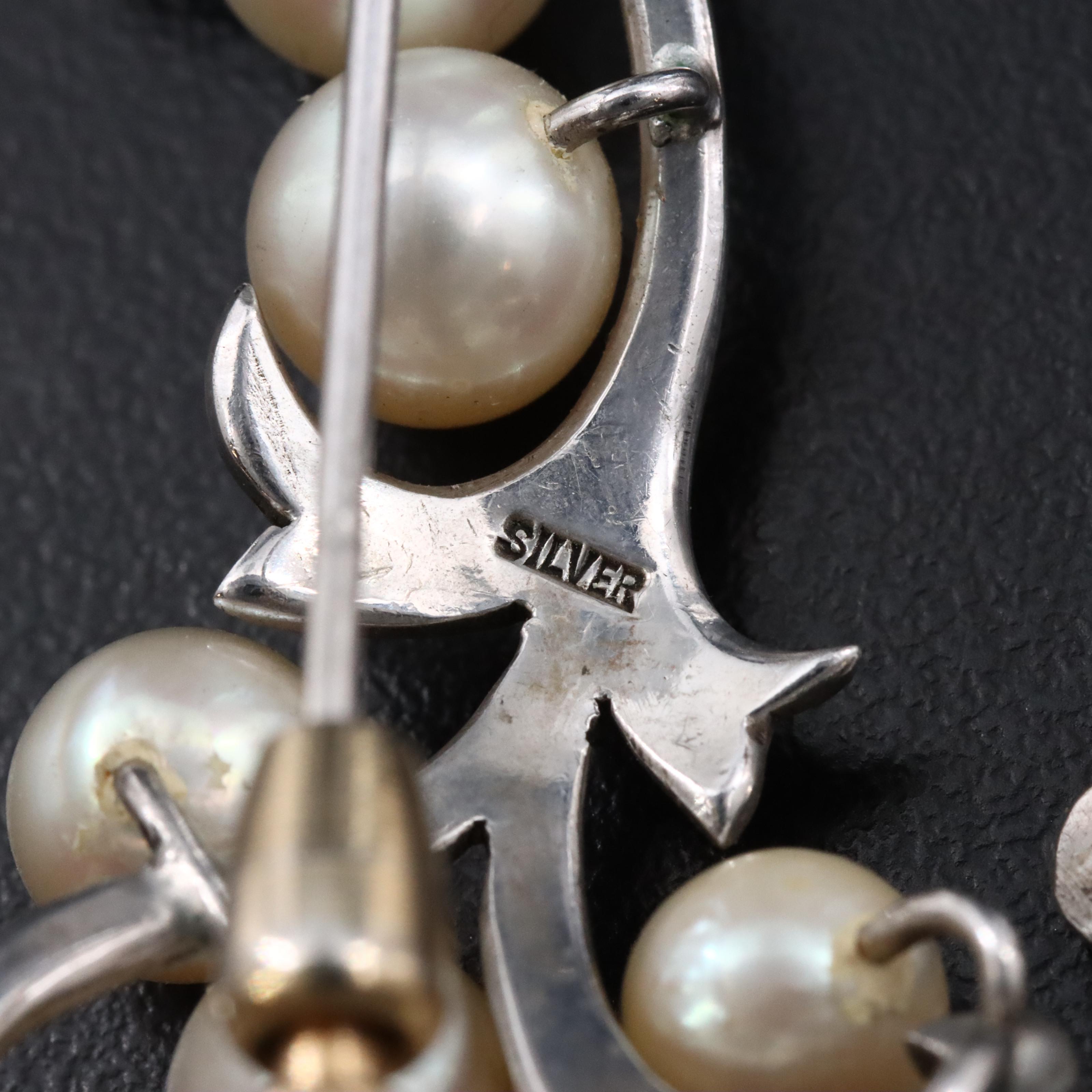 Sterling Pearl Scrollwork Brooch
