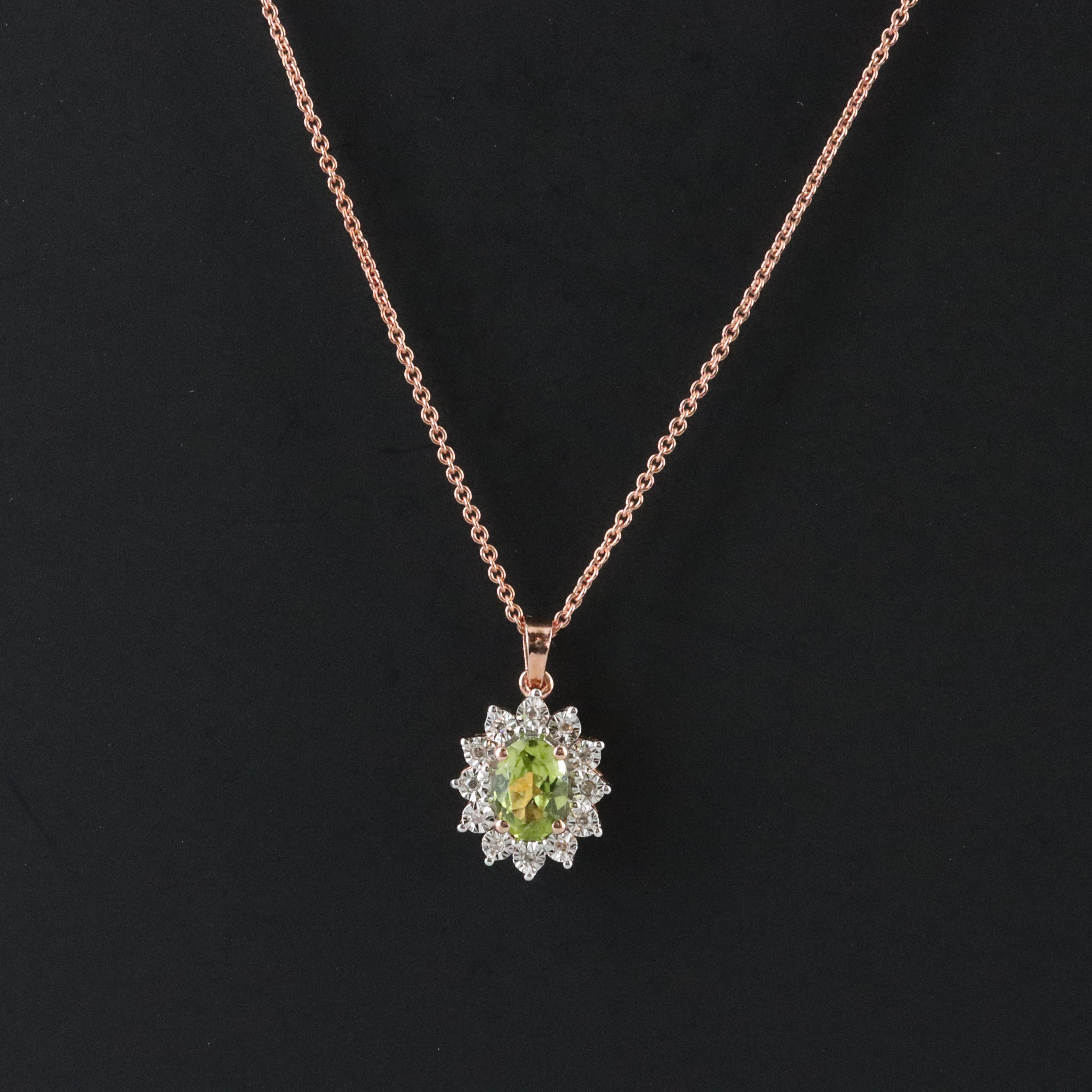 Sterling Peridot and Diamond Pendant Necklace in Rose Tone