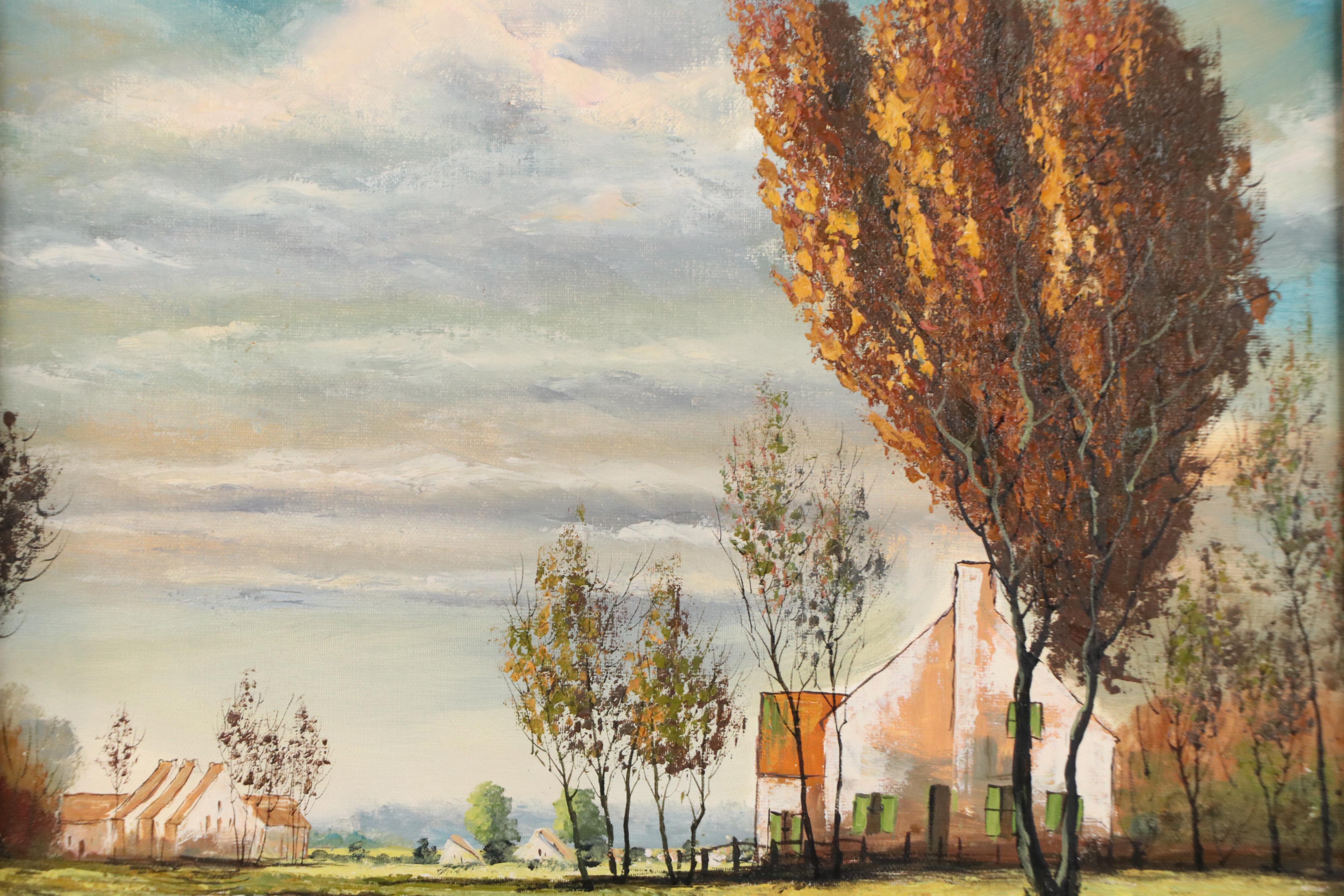 Stylized Oil Painting of Autumn Landscape with Houses, Late 20th–21st Century