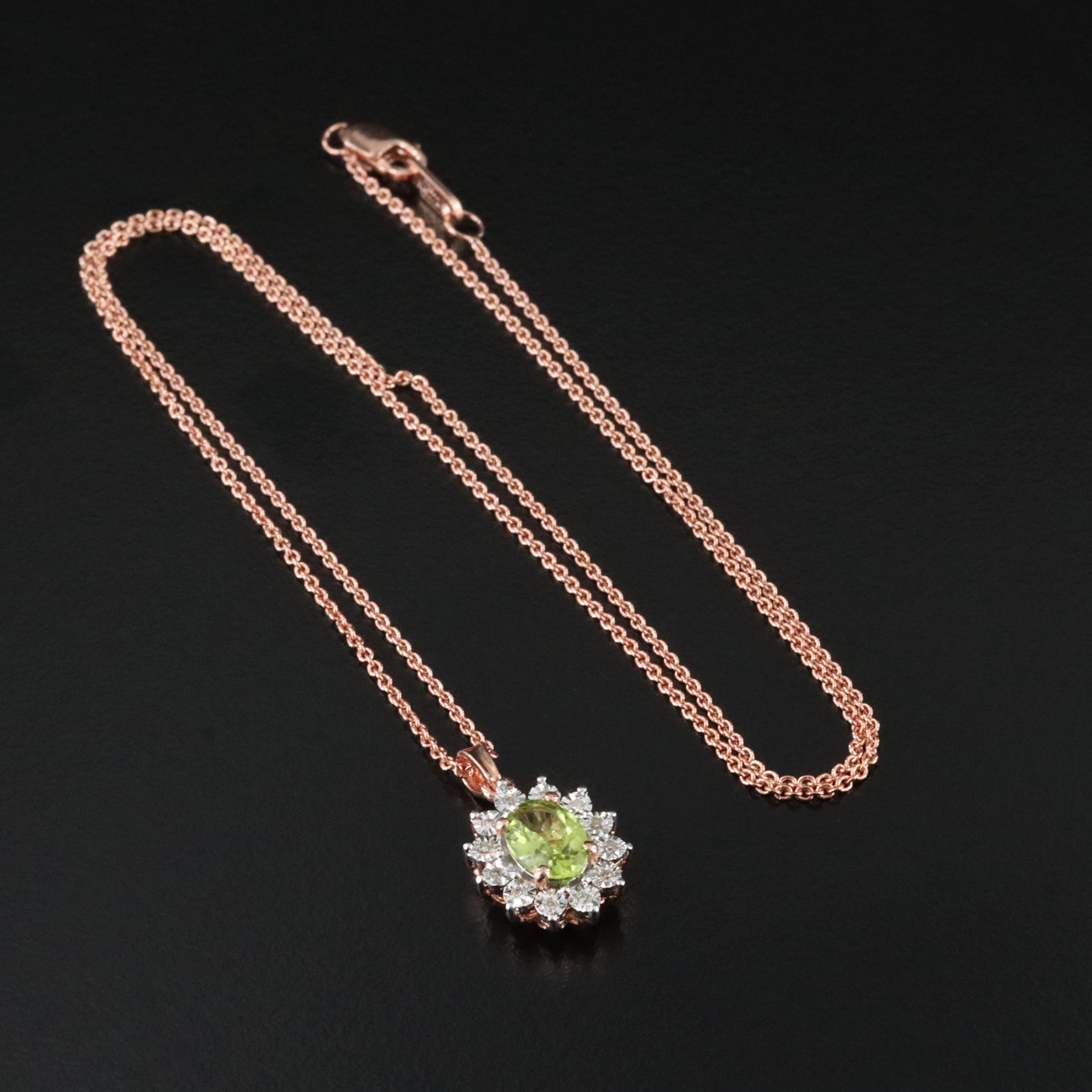 Sterling Peridot and Diamond Pendant Necklace in Rose Tone