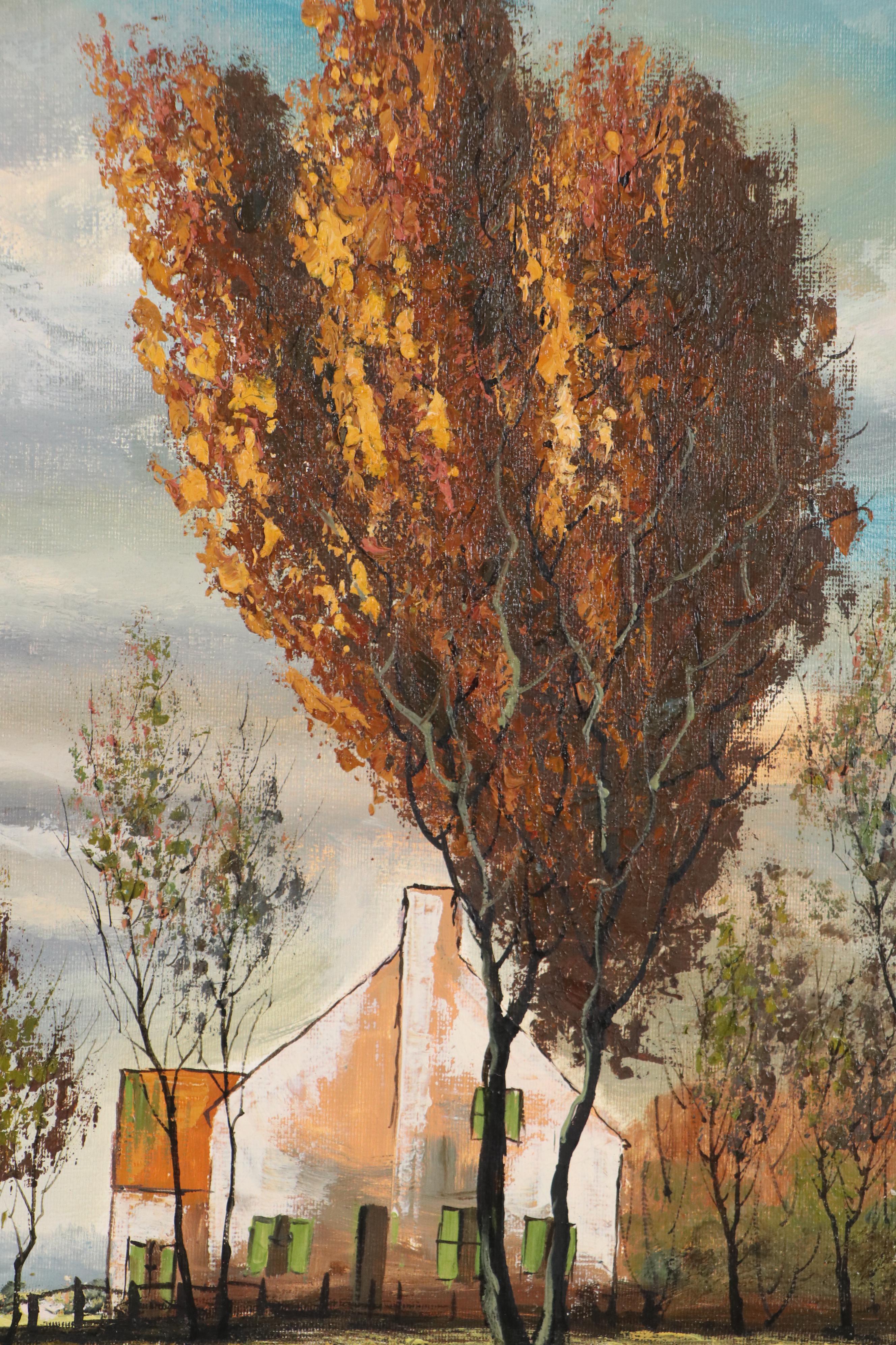 Stylized Oil Painting of Autumn Landscape with Houses, Late 20th–21st Century
