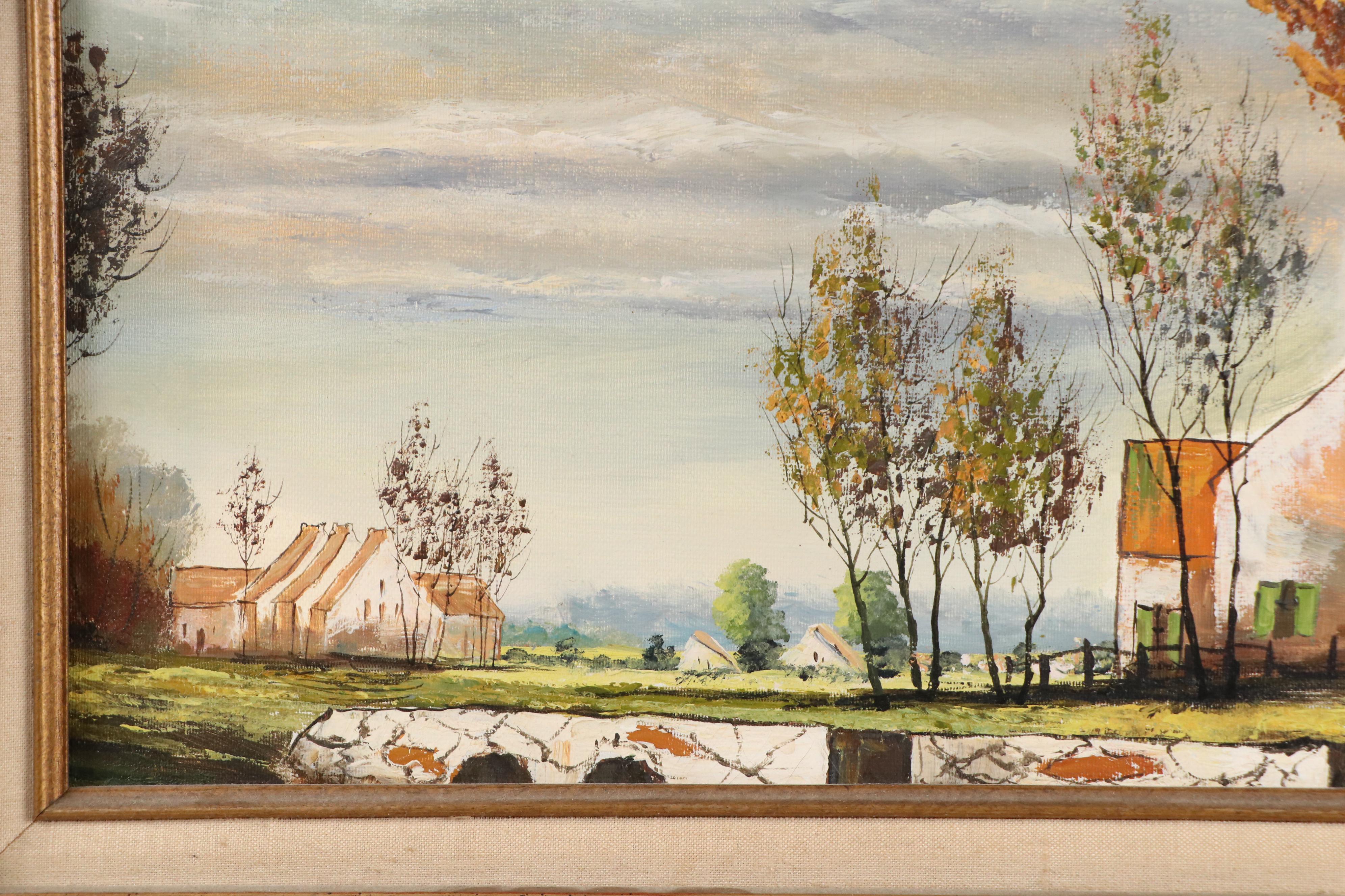 Stylized Oil Painting of Autumn Landscape with Houses, Late 20th–21st Century