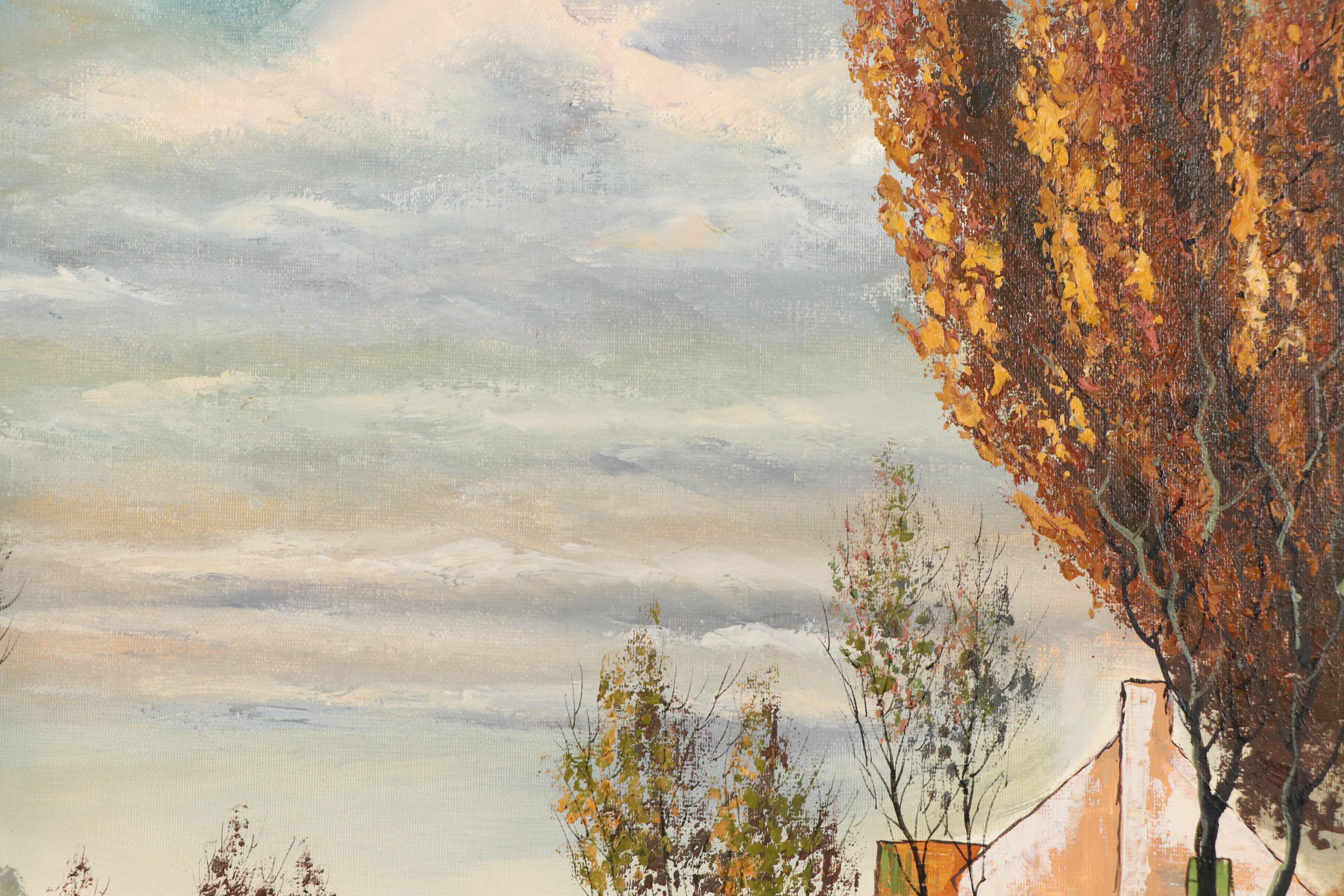 Stylized Oil Painting of Autumn Landscape with Houses, Late 20th–21st Century