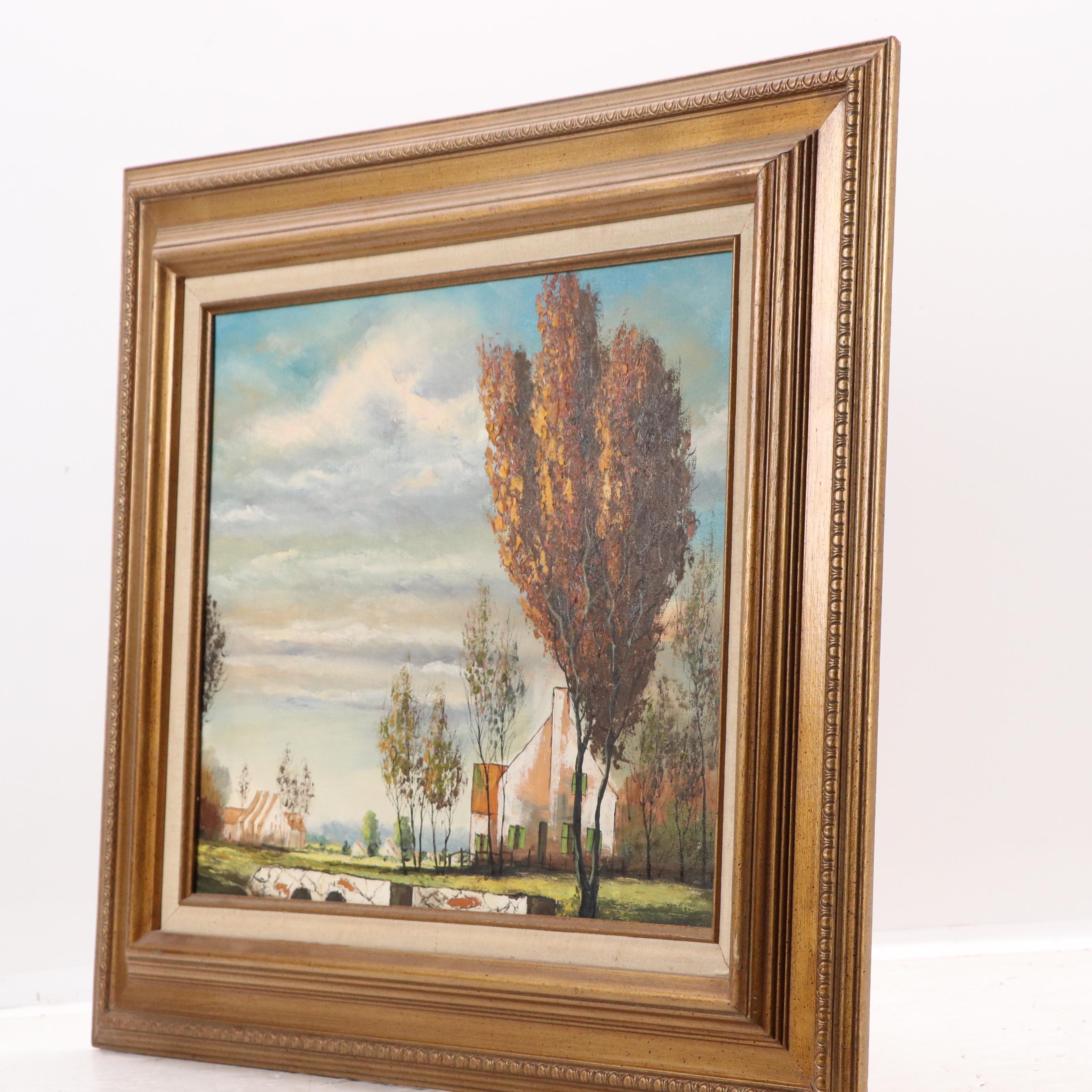 Stylized Oil Painting of Autumn Landscape with Houses, Late 20th–21st Century