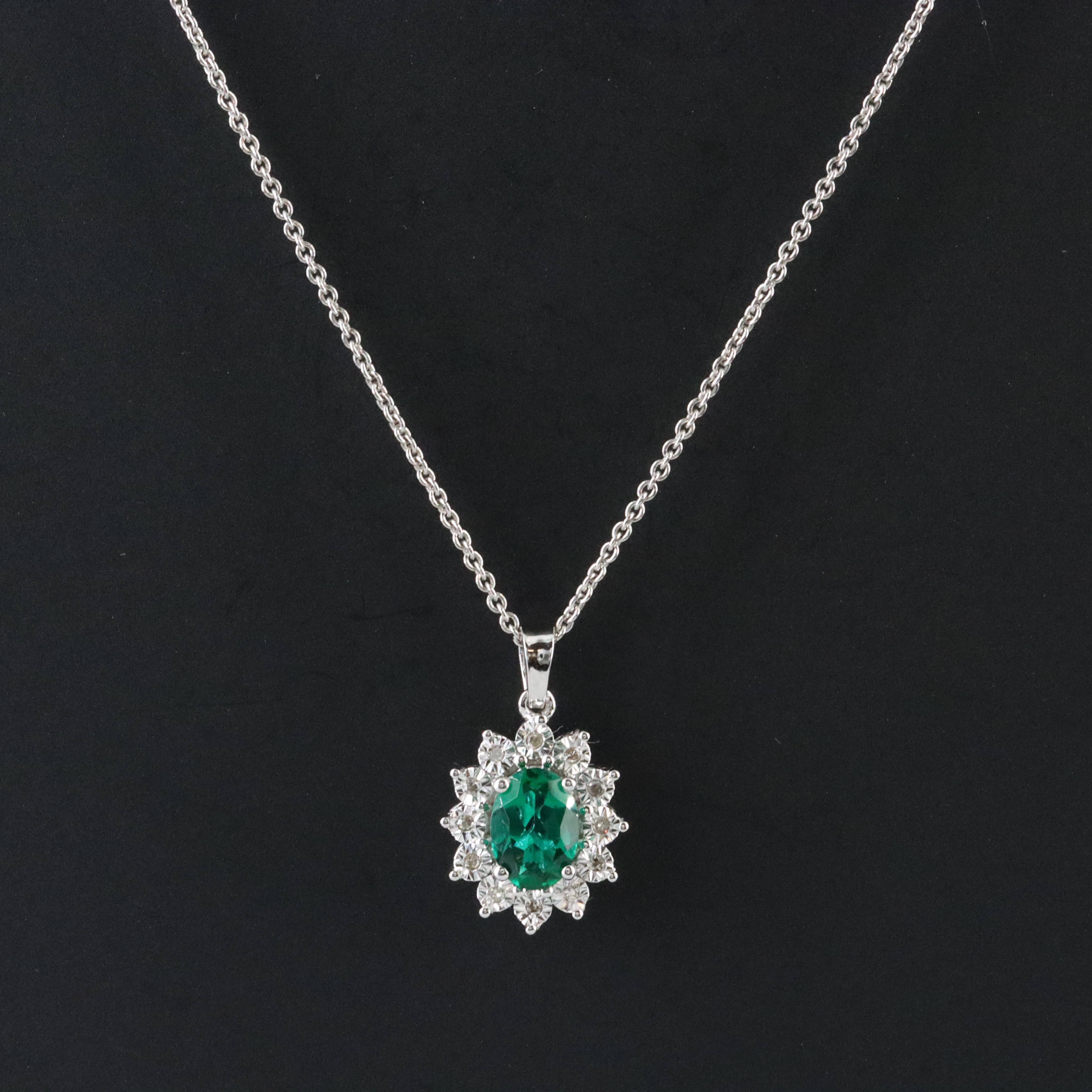 Sterling Emerald and Diamond Pendant Necklace