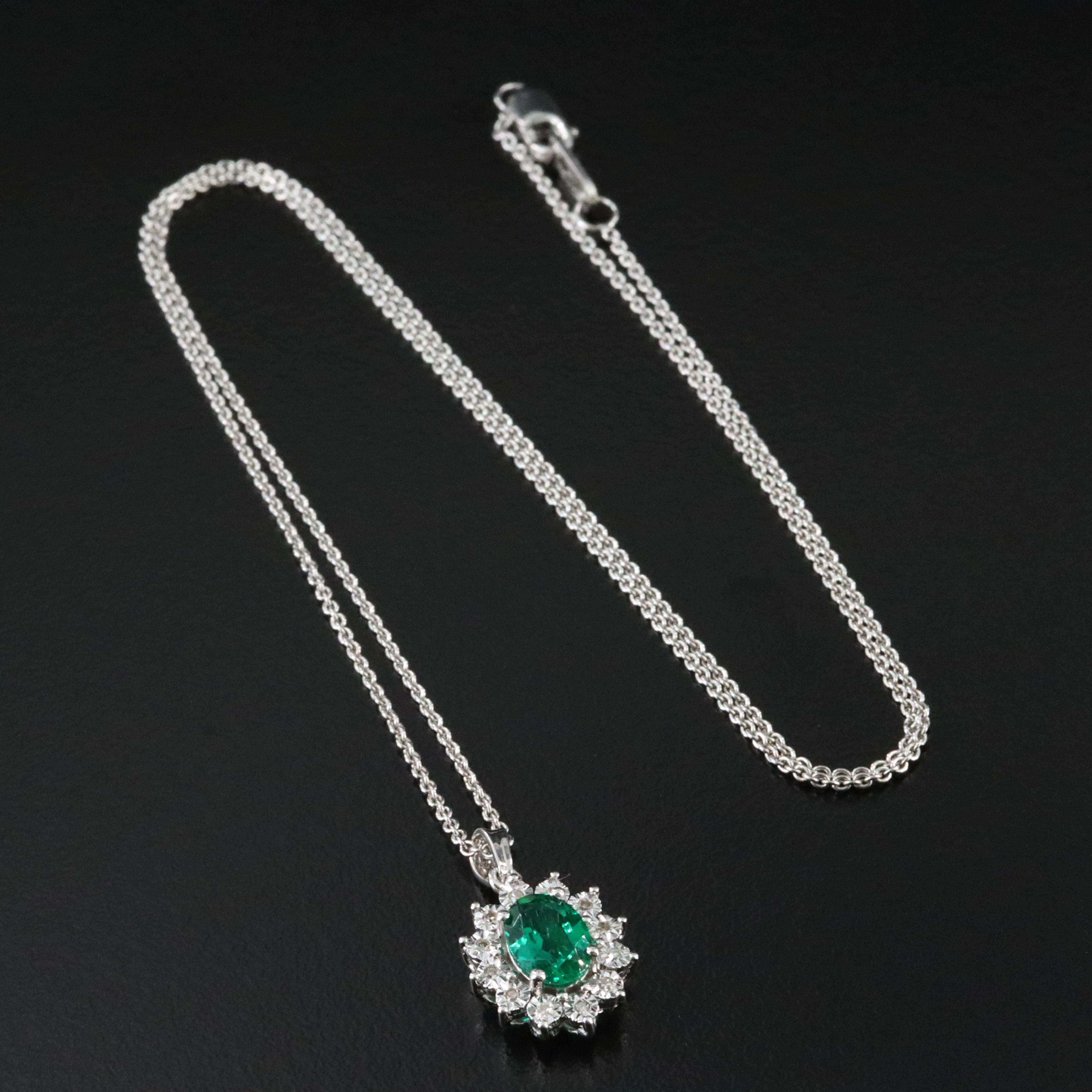 Sterling Emerald and Diamond Pendant Necklace