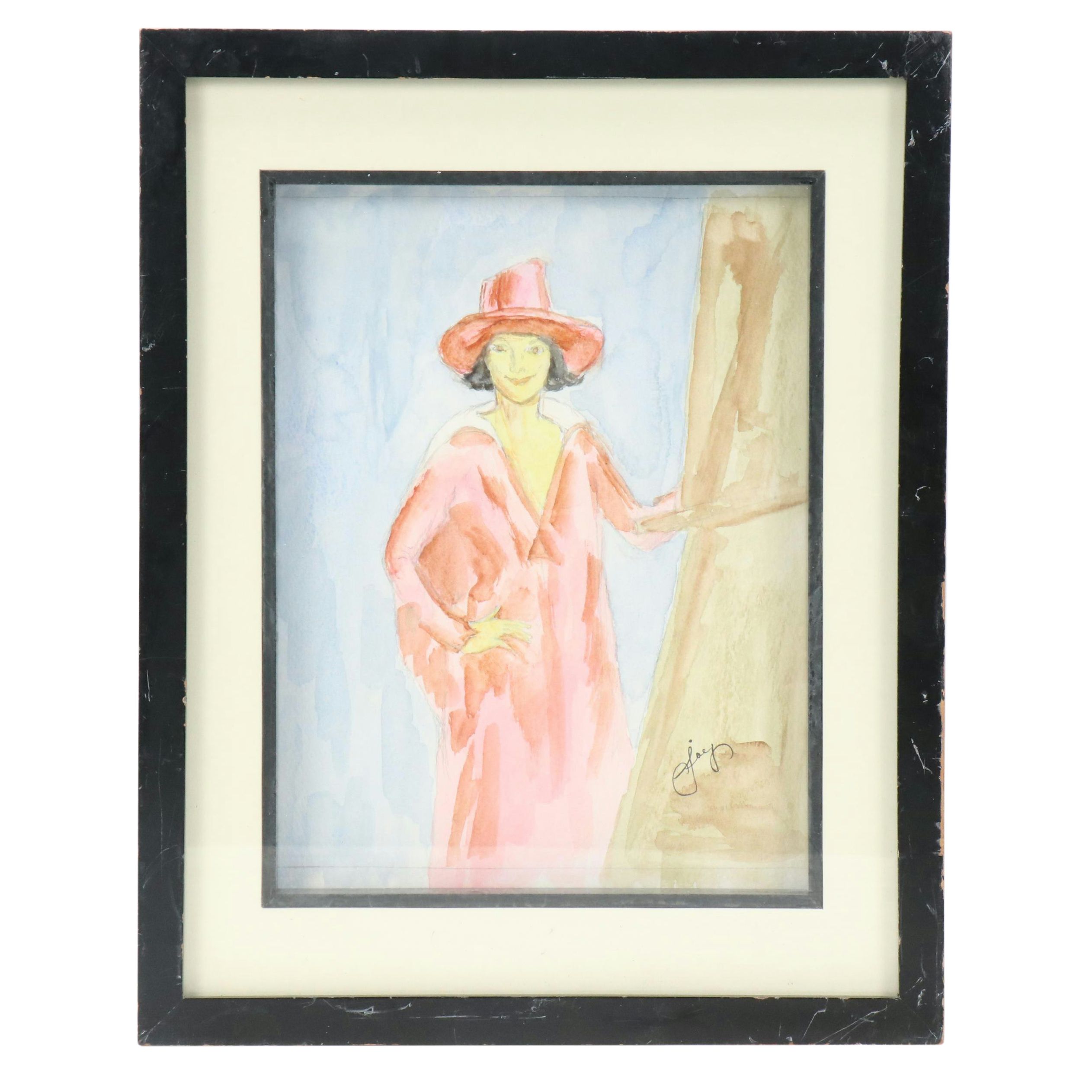 Watercolor Painting of Woman Wearing Red Coat and Hat