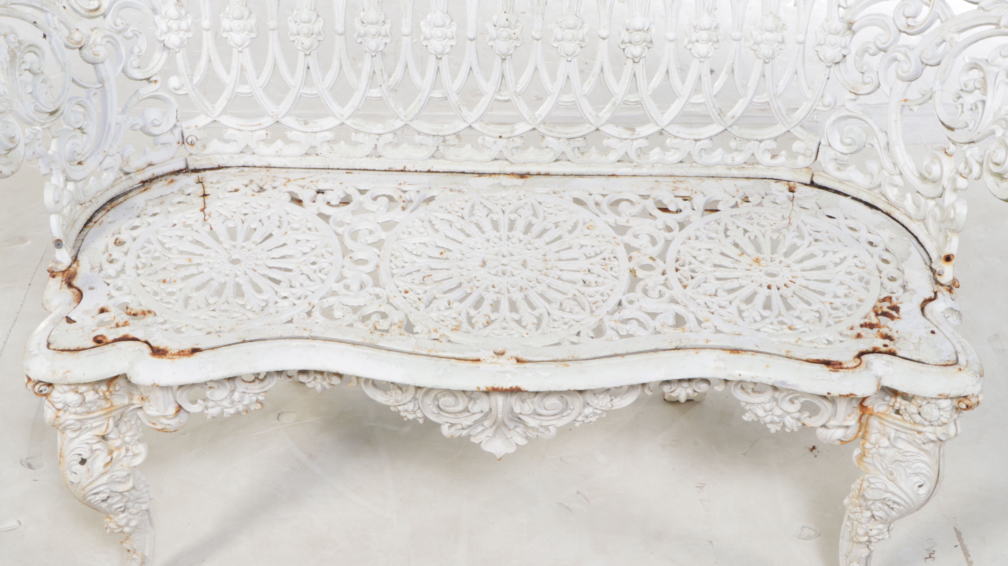 Baroque Style White Painted Cast Iron Garden Bench, 20th Century