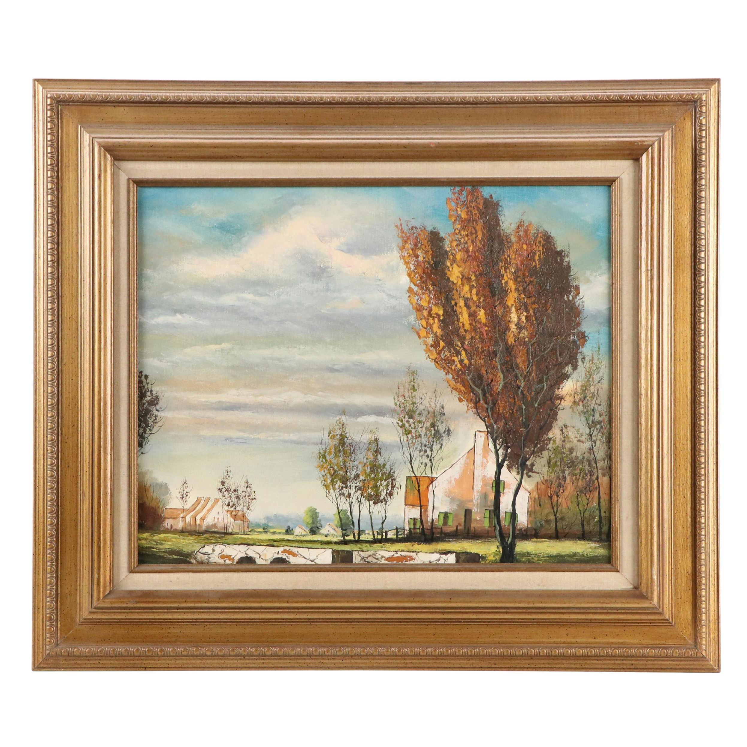 Stylized Oil Painting of Autumn Landscape with Houses, Late 20th–21st Century
