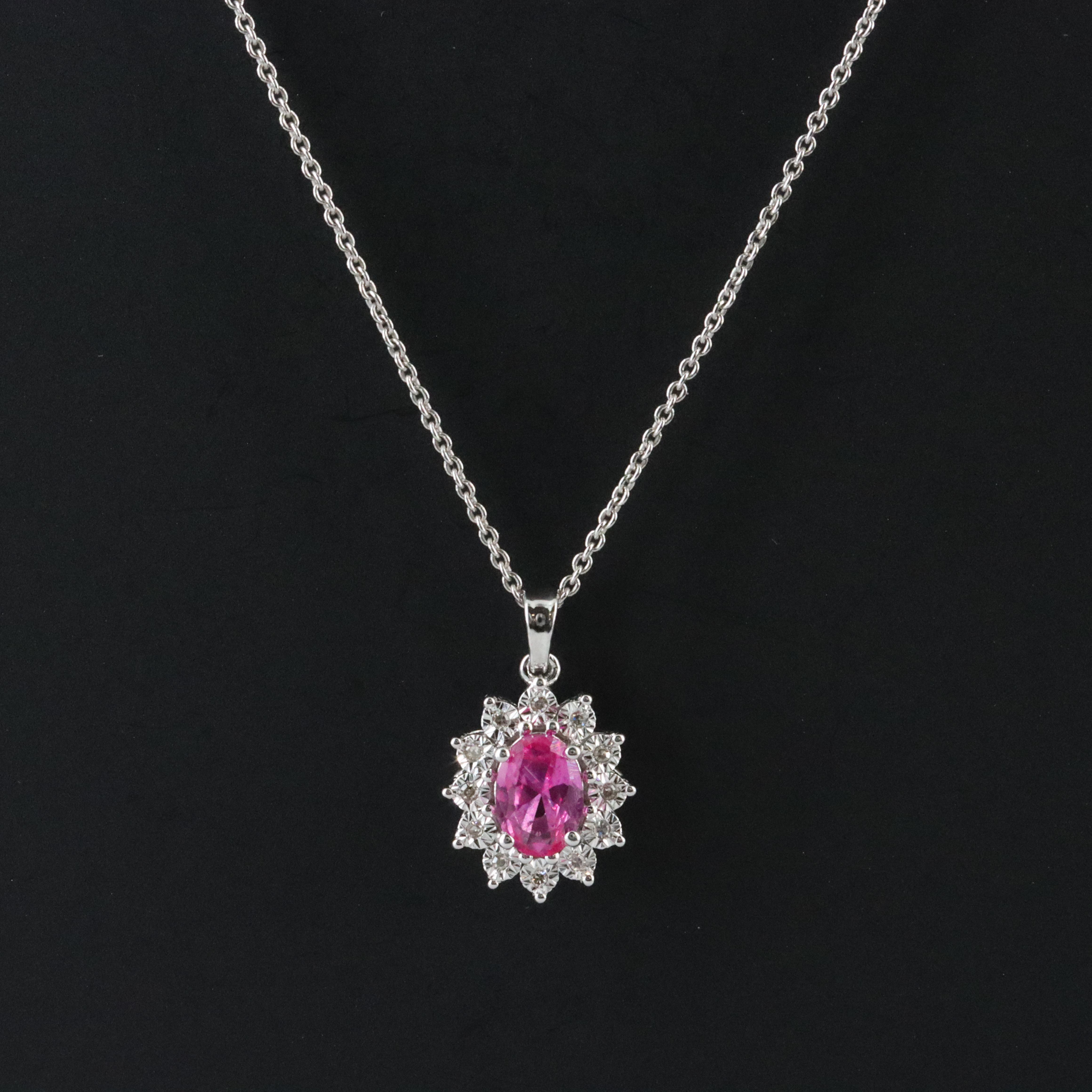 Sterling Pink Sapphire and Diamond Pendant Necklace