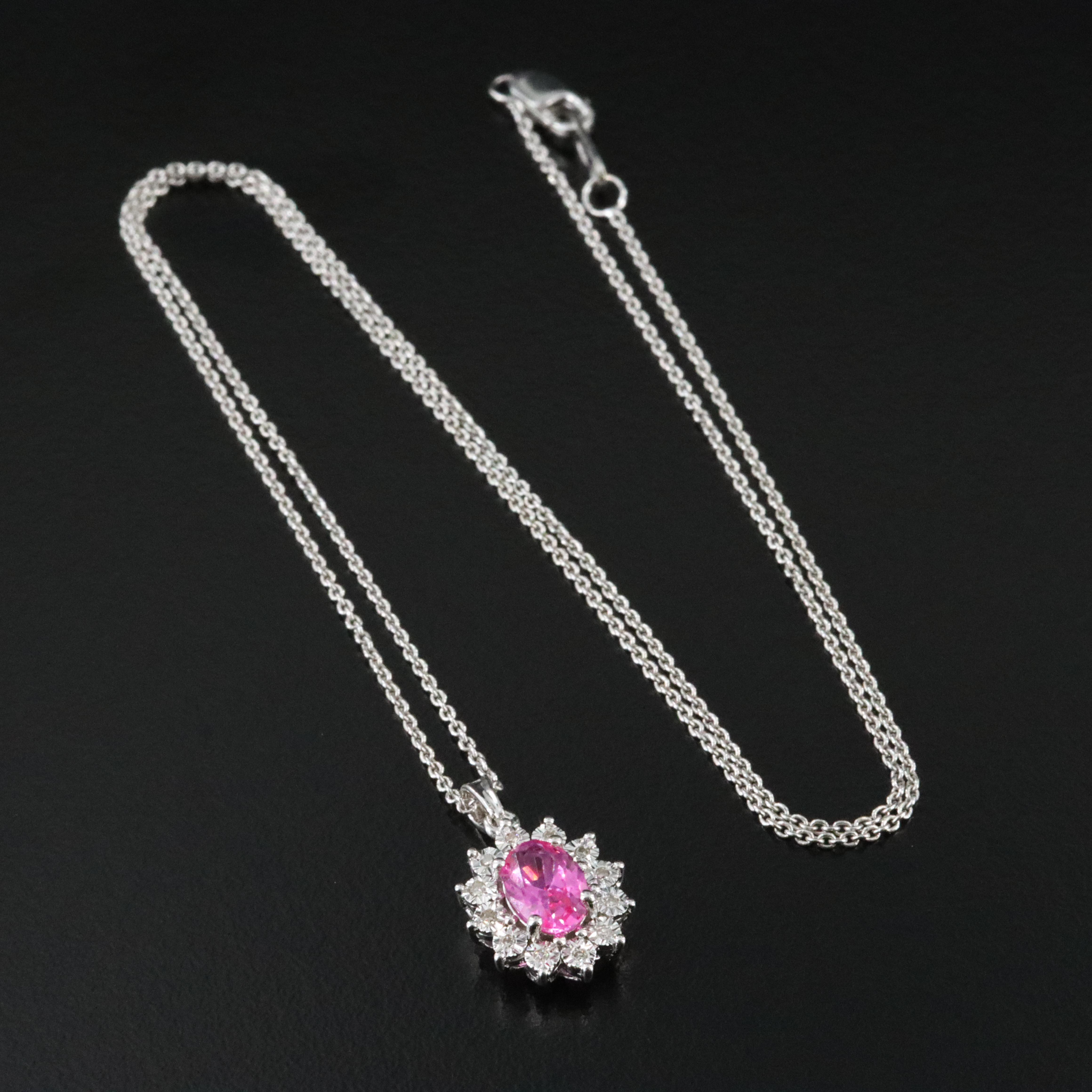 Sterling Pink Sapphire and Diamond Pendant Necklace