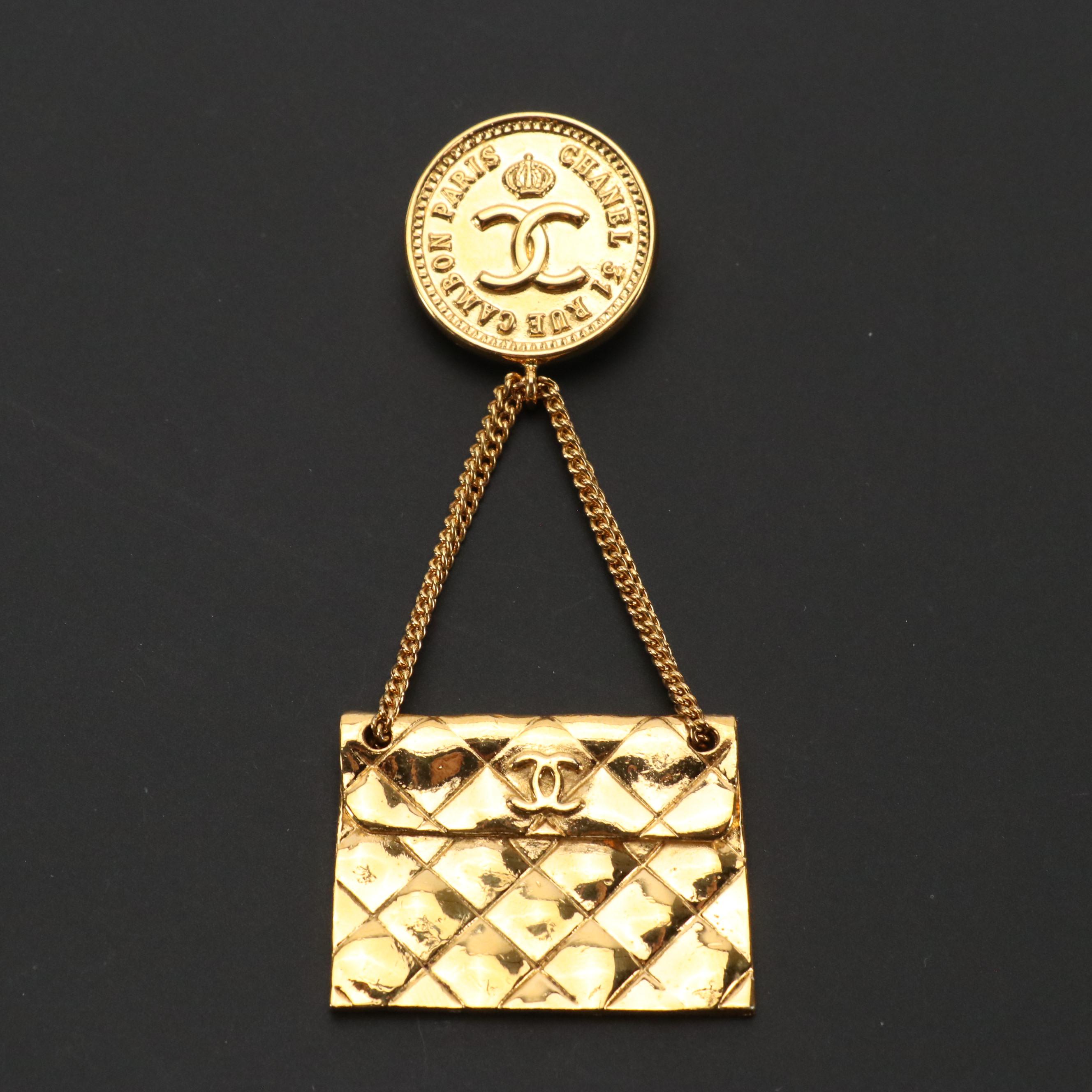 Chanel CC Logo Brooch Pin with Purse Dangle