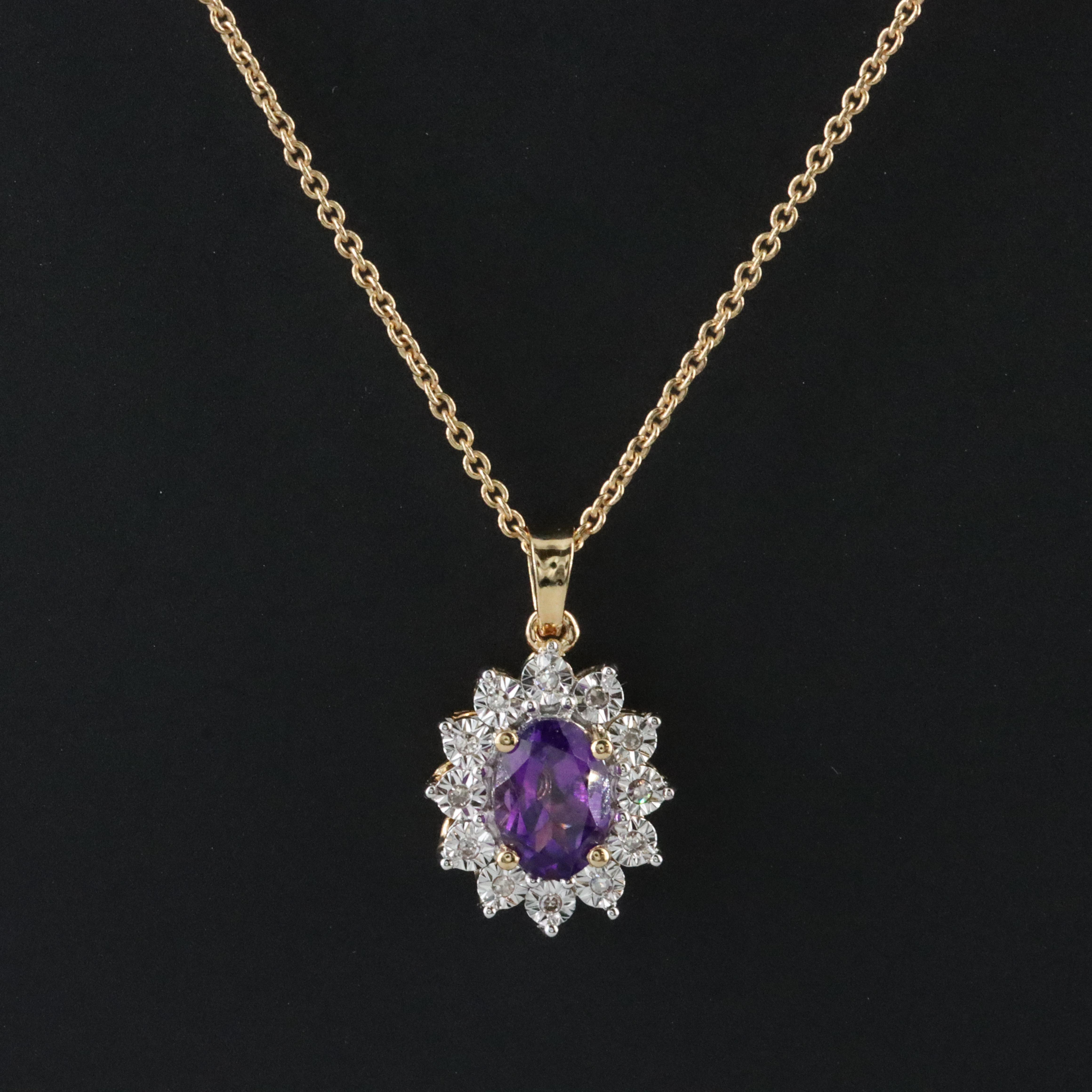 Sterling Amethyst and Diamond Pendant Necklace in Gold Tone