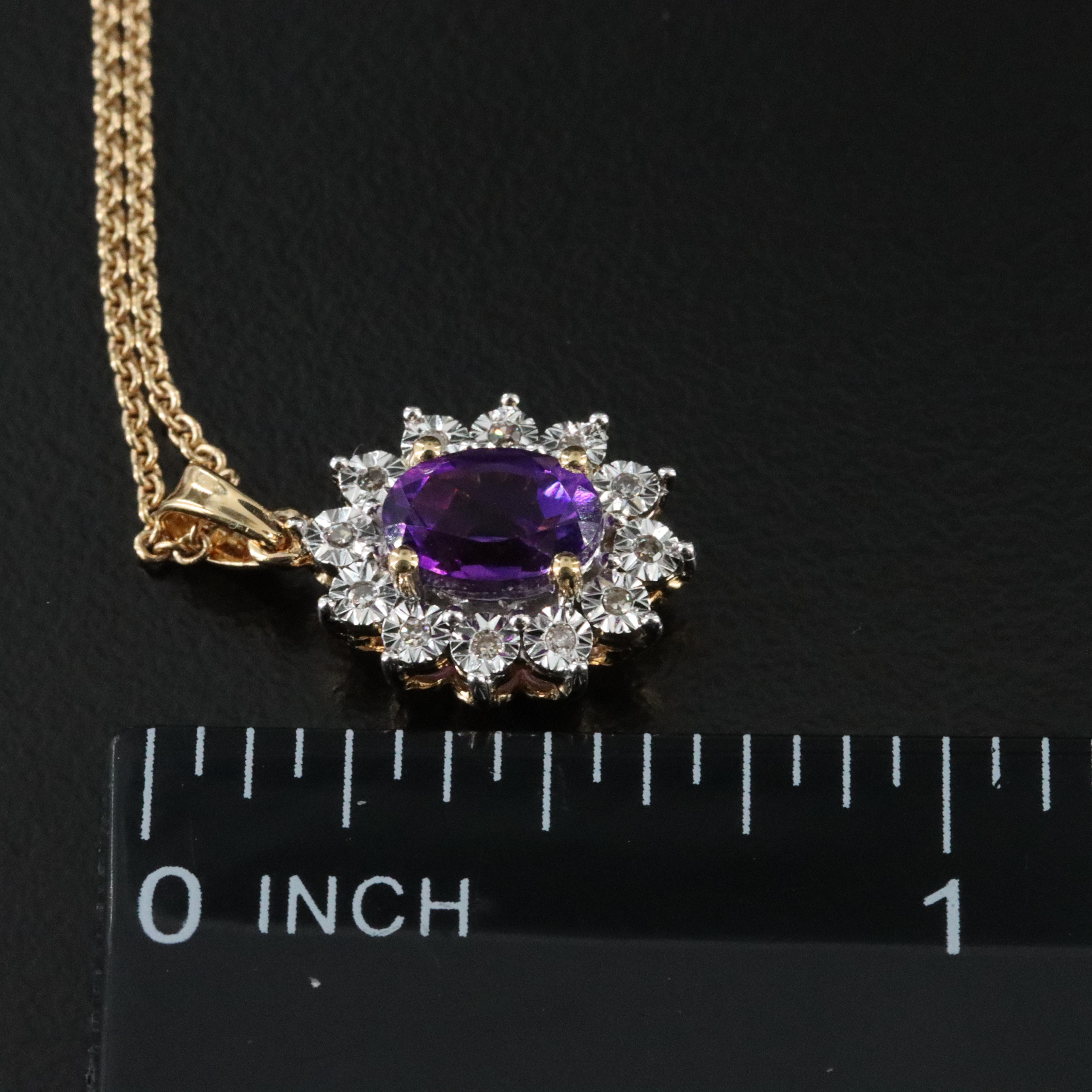 Sterling Amethyst and Diamond Pendant Necklace in Gold Tone