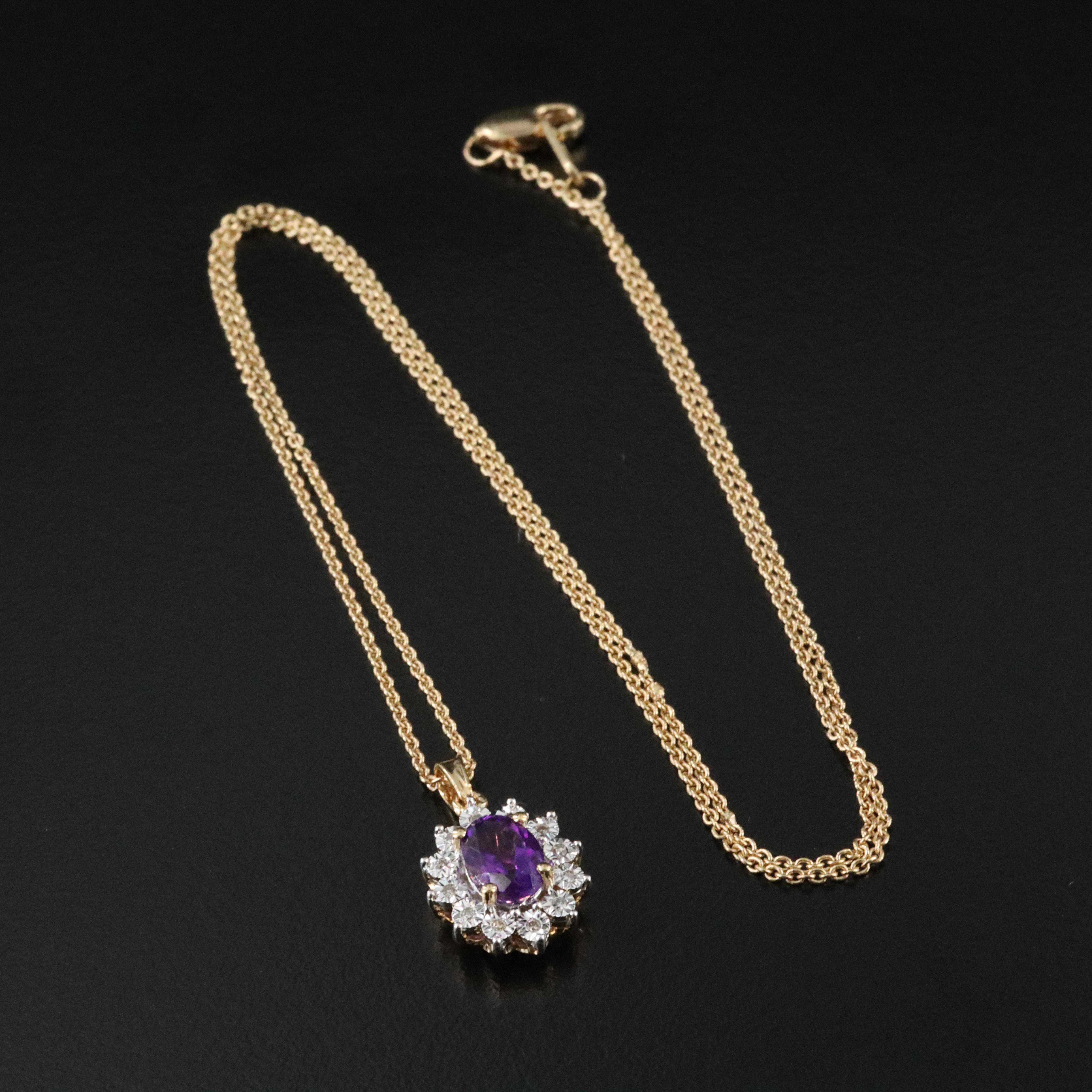 Sterling Amethyst and Diamond Pendant Necklace in Gold Tone