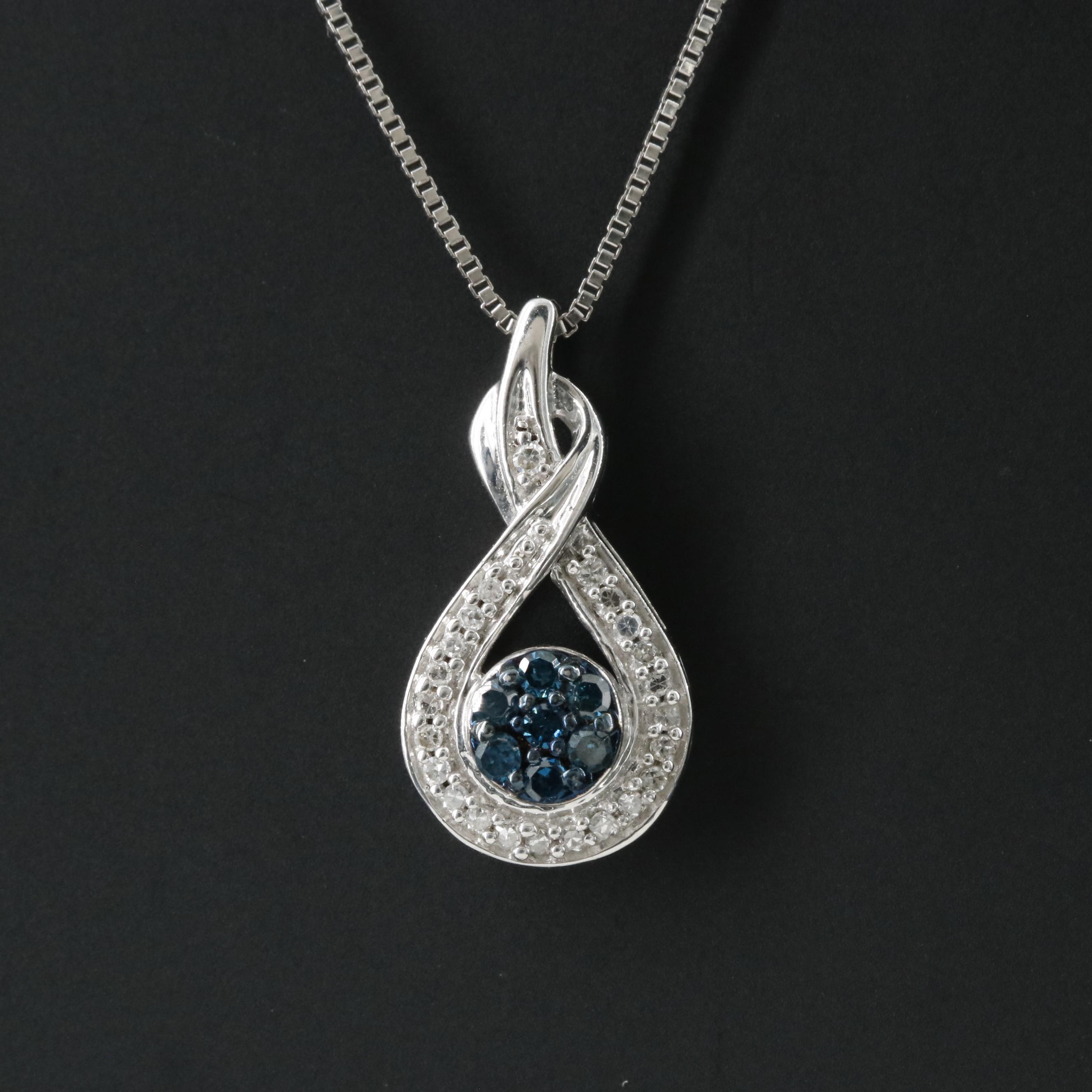Sterling Diamond Pendant Necklace Including Fancy Blue Diamonds