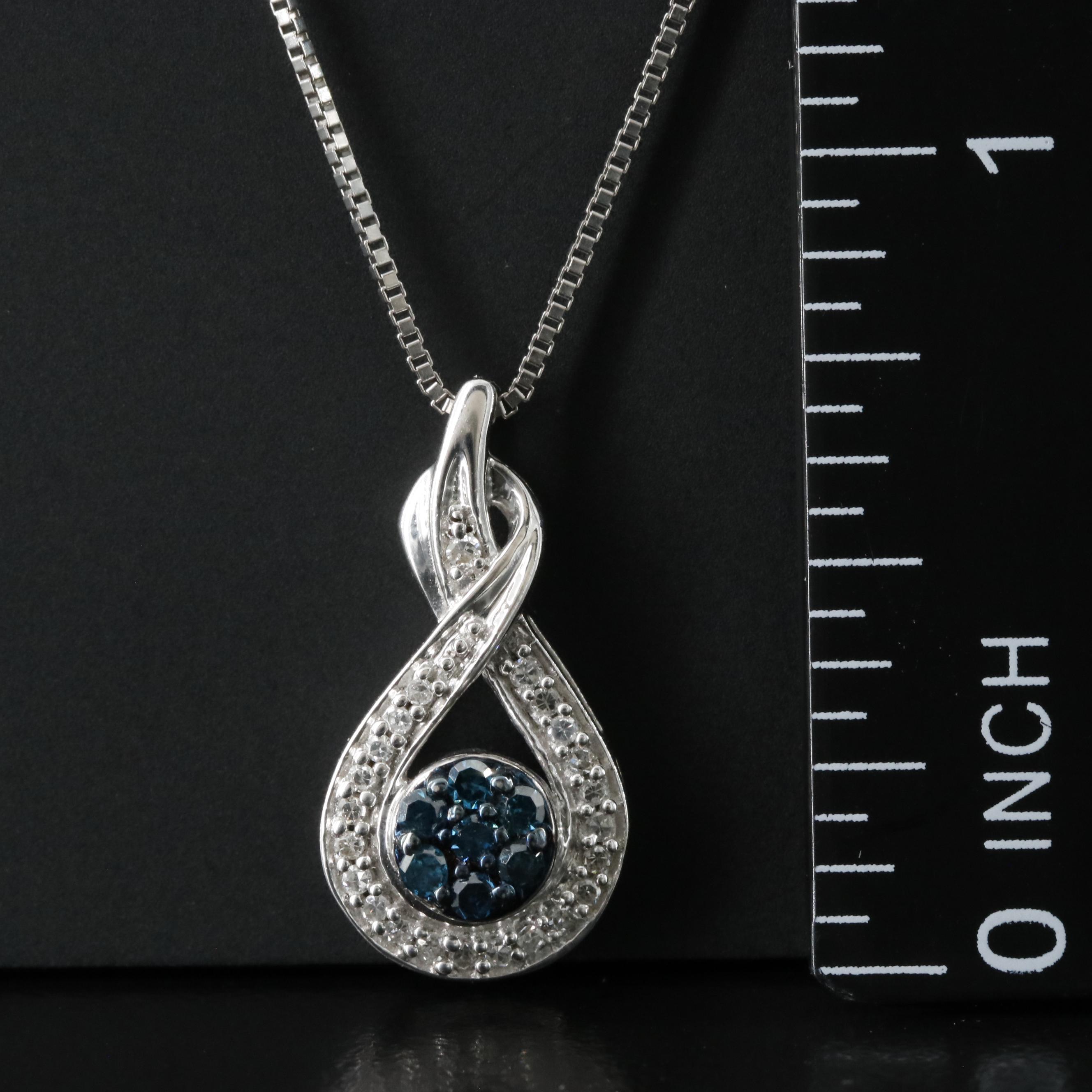 Sterling Diamond Pendant Necklace Including Fancy Blue Diamonds