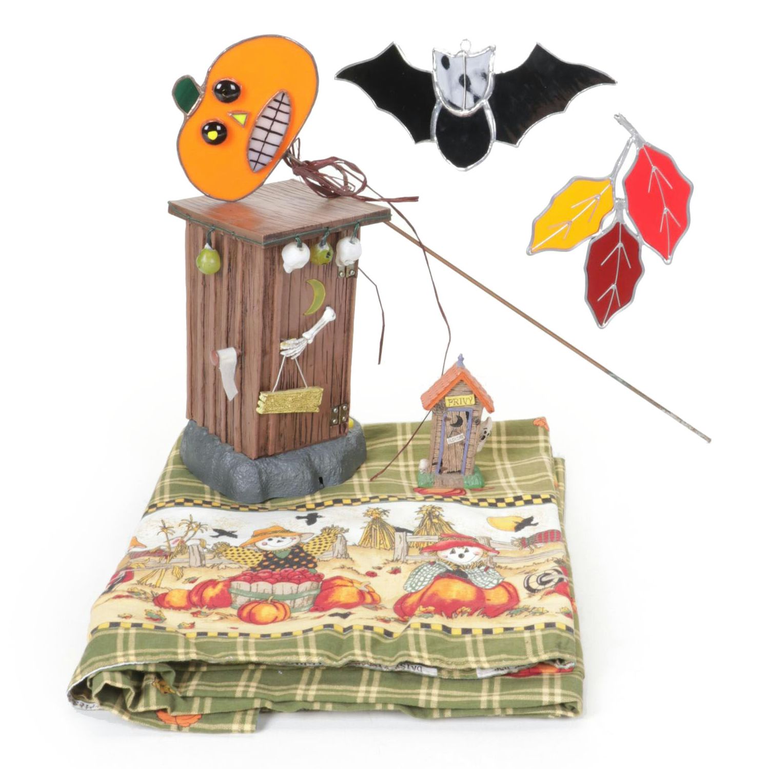 Halloween Haunted Outhouses with Autumnal Tablecloth, Stained Glass and More