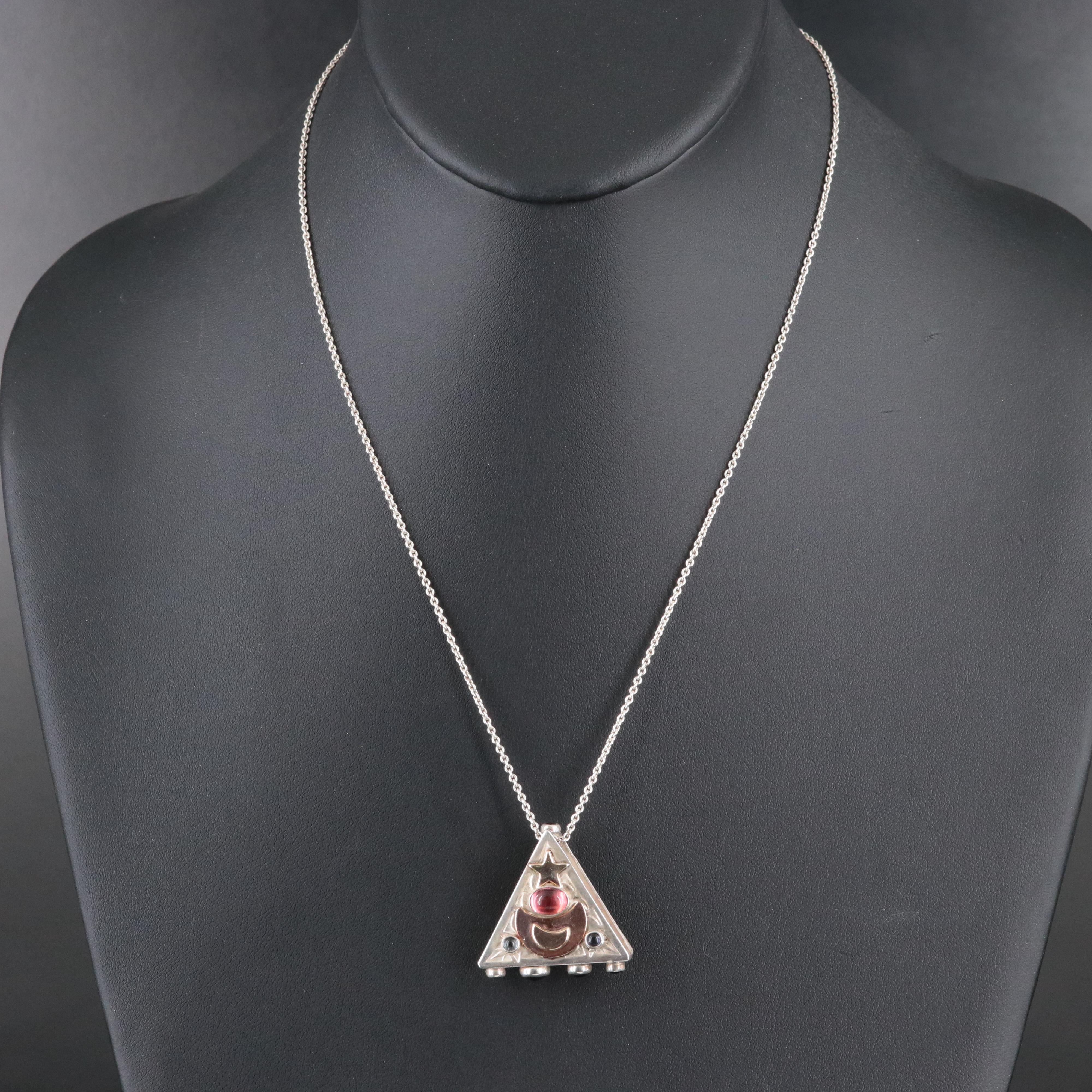 Sterling Gemstone Two Tone Moon Motif Pendant on Pandora Chain