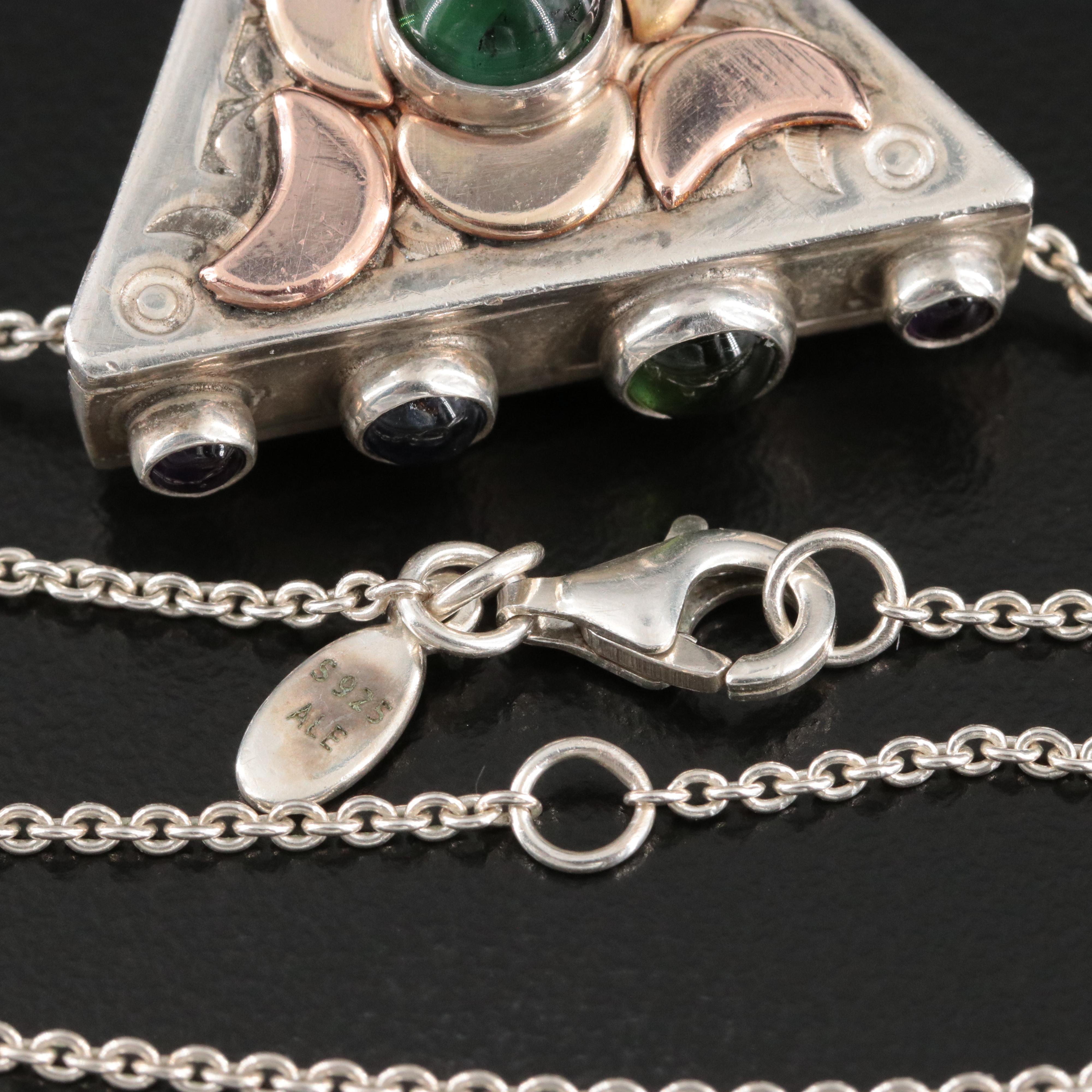 Sterling Gemstone Two Tone Moon Motif Pendant on Pandora Chain