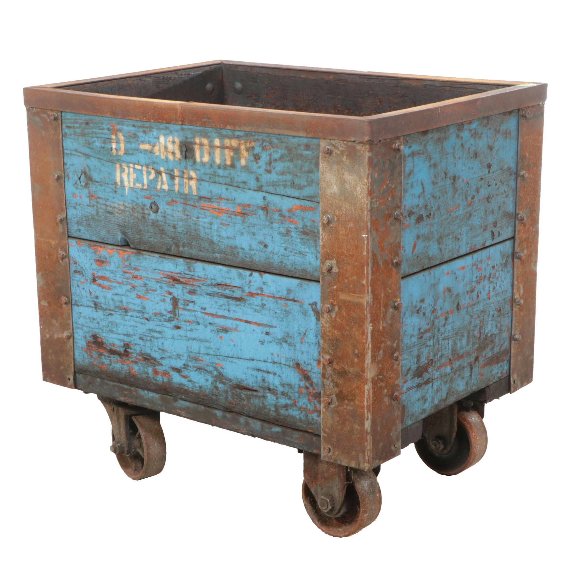 Vintage Industrial Wood and Metal Bin on Wheels, 20th Century