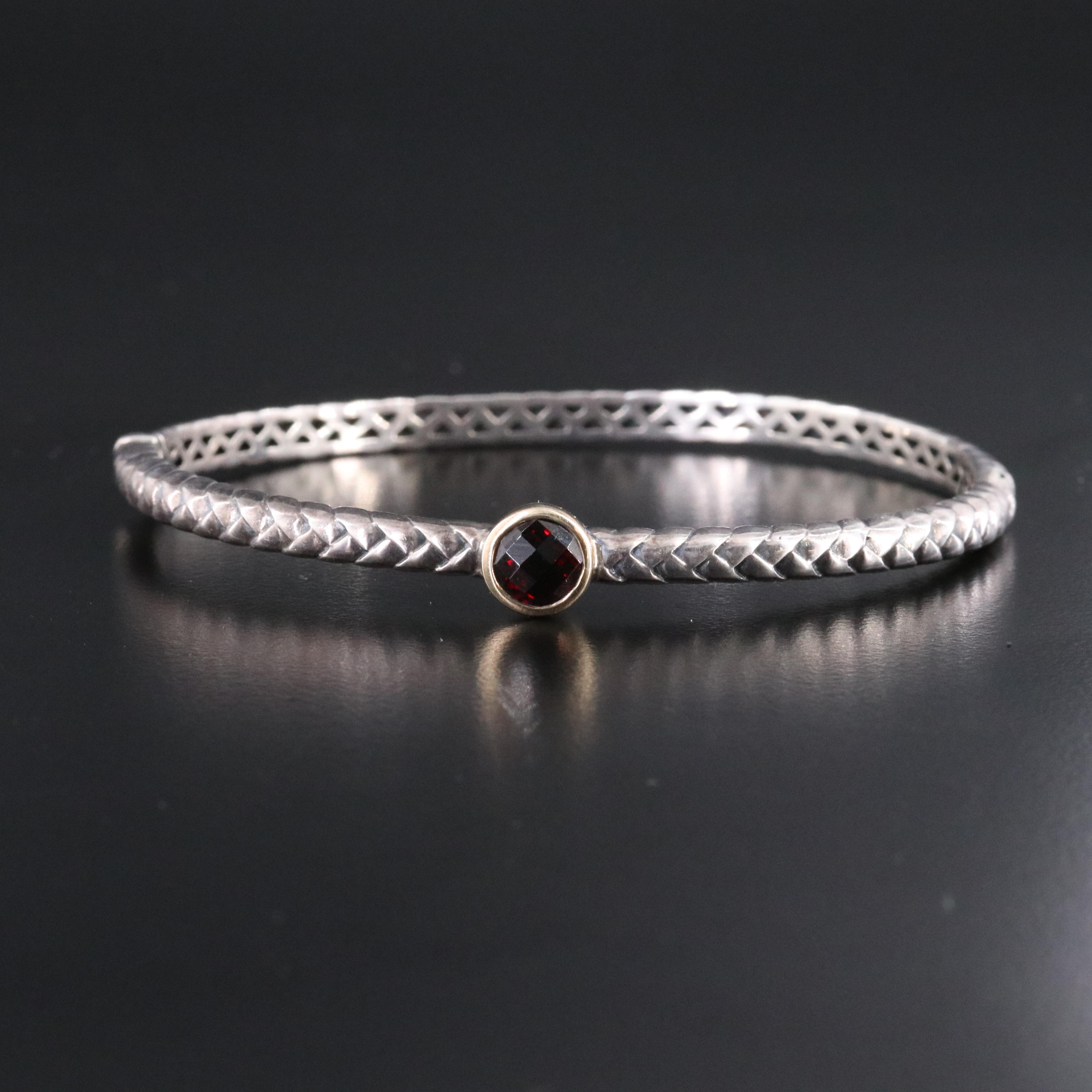 Sterling and Garnet Station Braided Hinged Bracelet with 14K Bezel