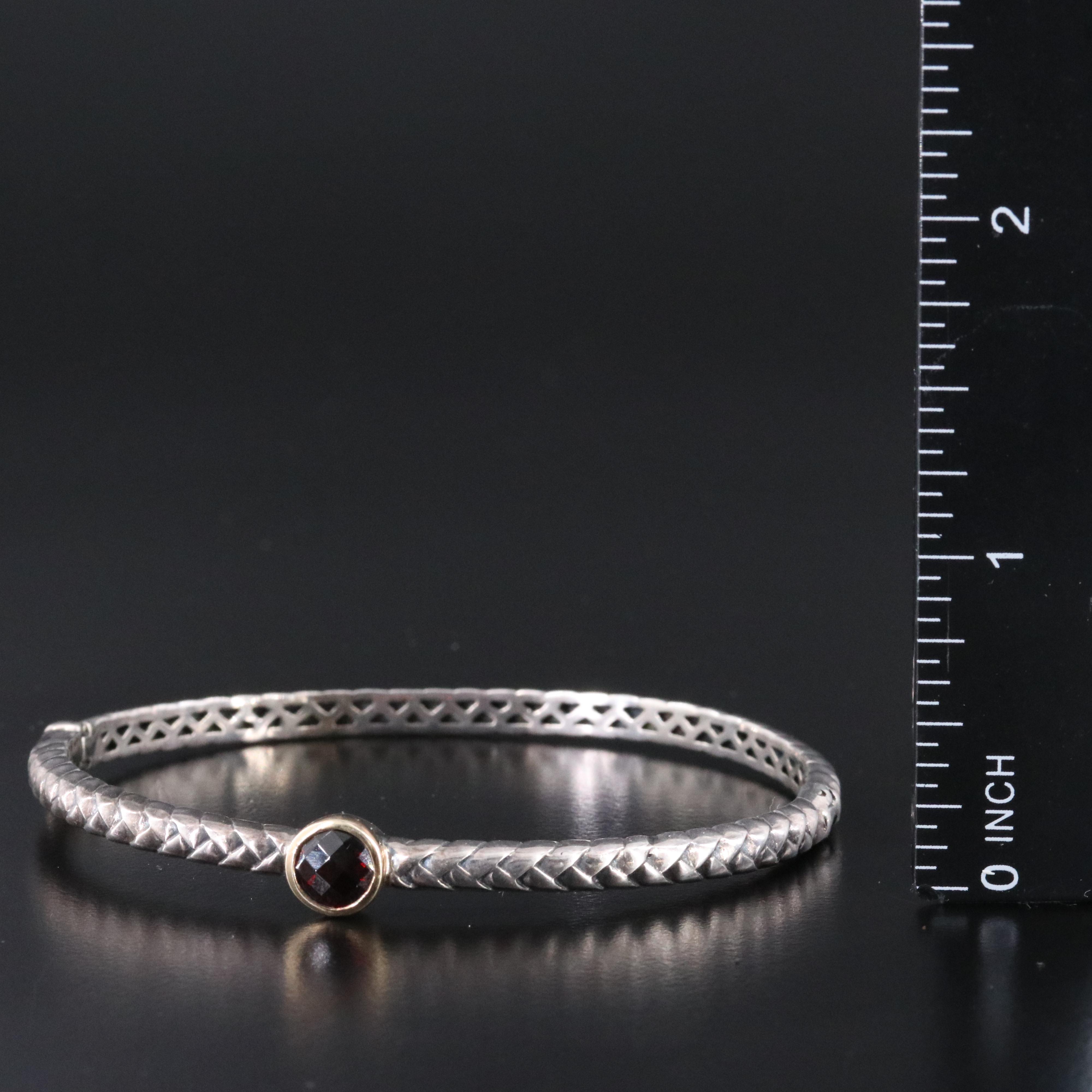 Sterling and Garnet Station Braided Hinged Bracelet with 14K Bezel