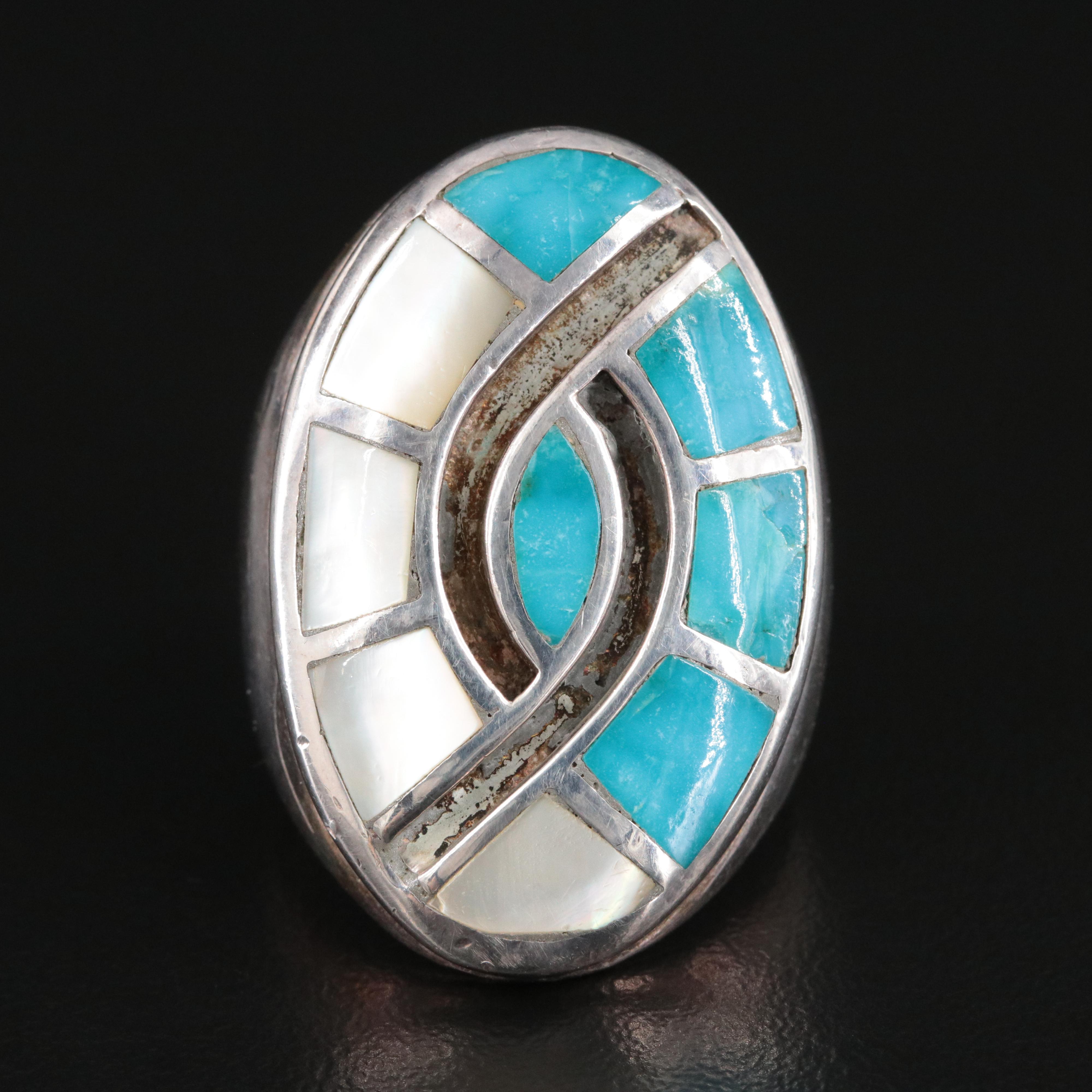 Vintage Sterling Turquoise and Mother-of-Pearl Pointer Ring
