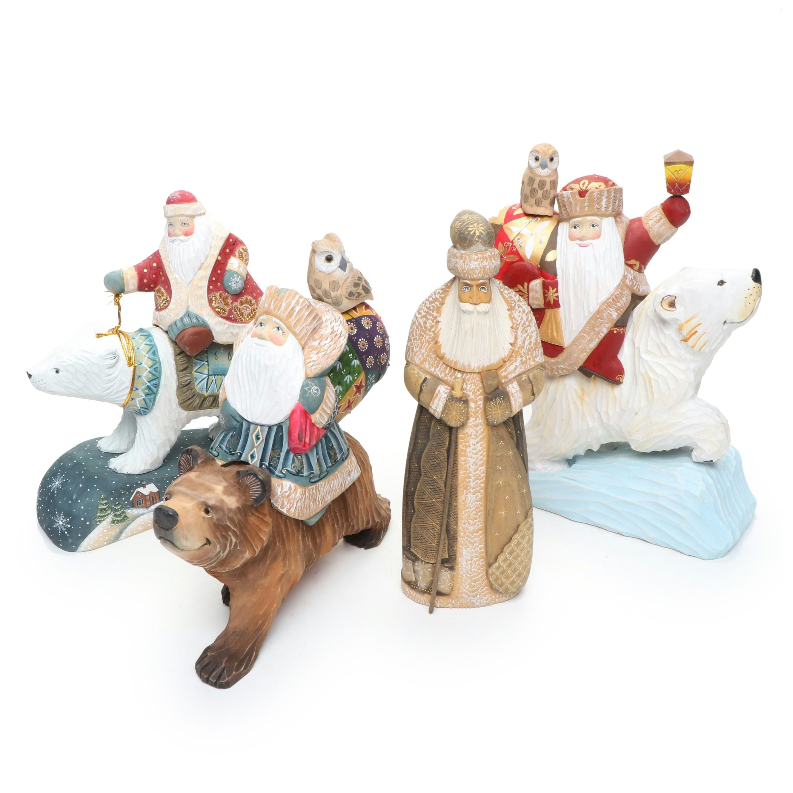 Russian Folk Style Hand Carved Father Frost Figurine and Boxes