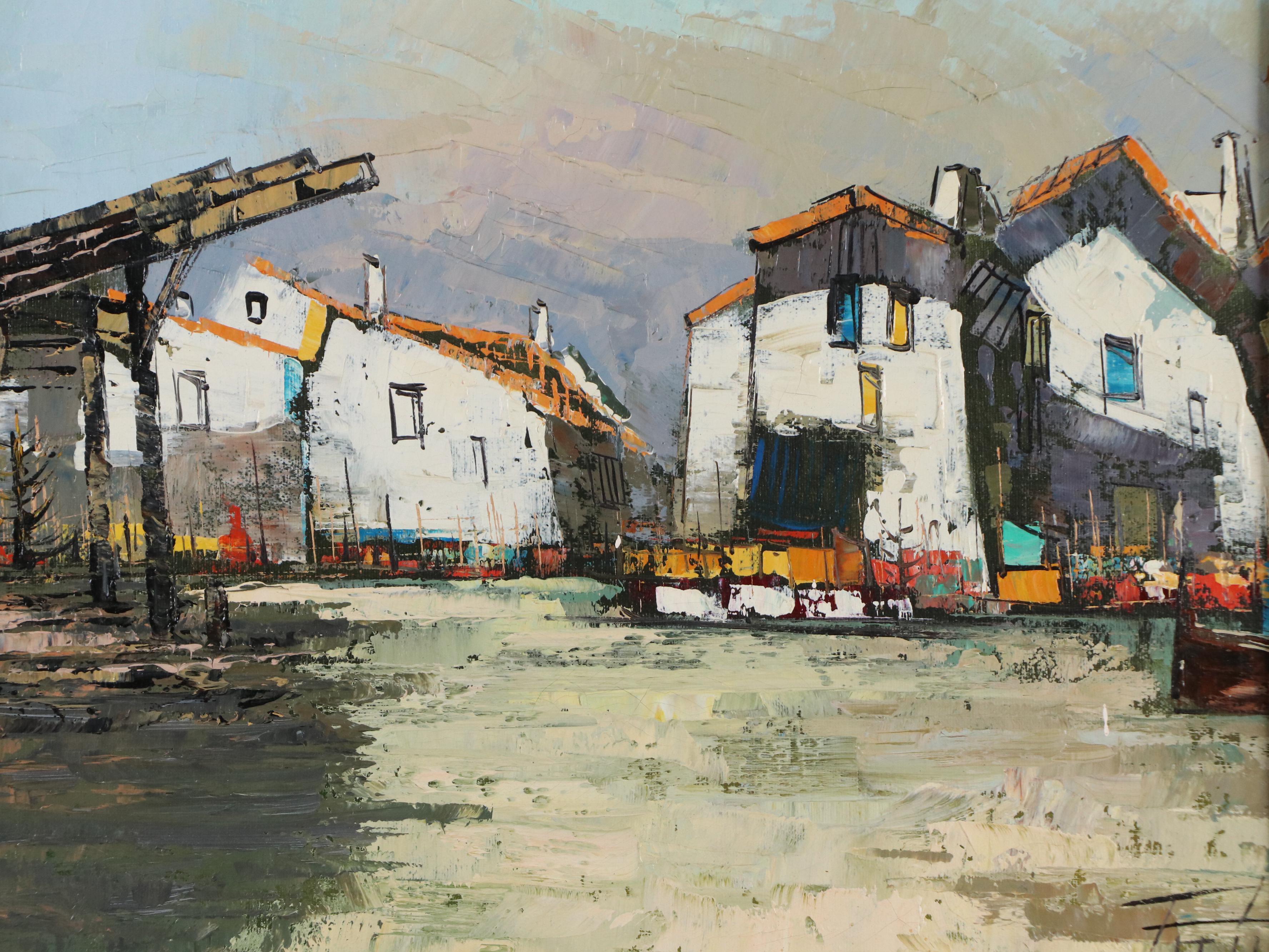 Stylized Impasto Acrylic Painting of Waterfront Houses, Late 20th–21st Century