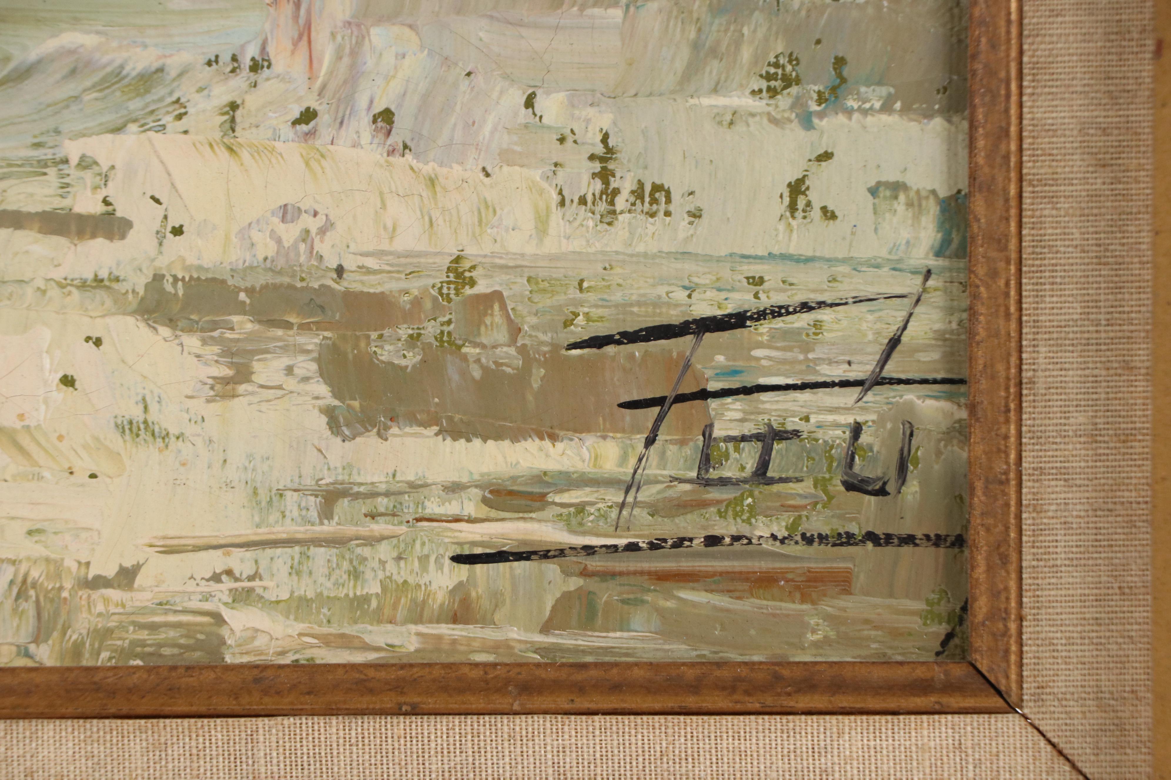 Stylized Impasto Acrylic Painting of Waterfront Houses, Late 20th–21st Century