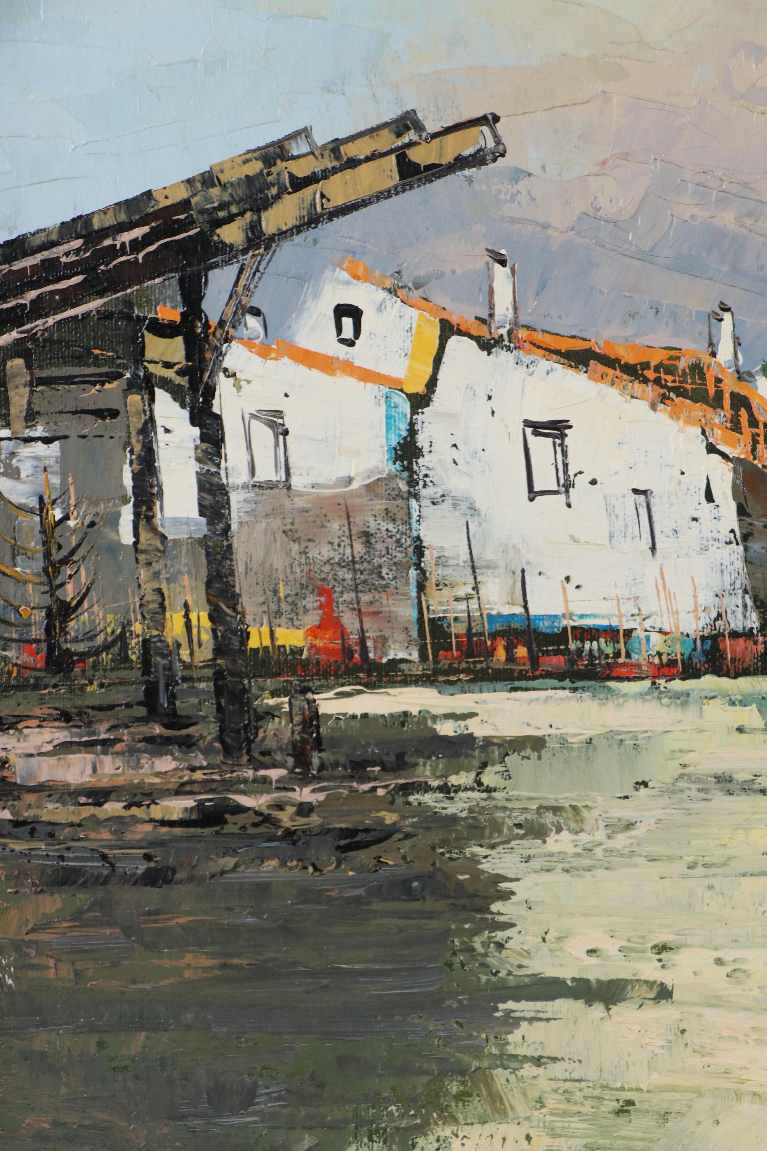 Stylized Impasto Acrylic Painting of Waterfront Houses, Late 20th–21st Century