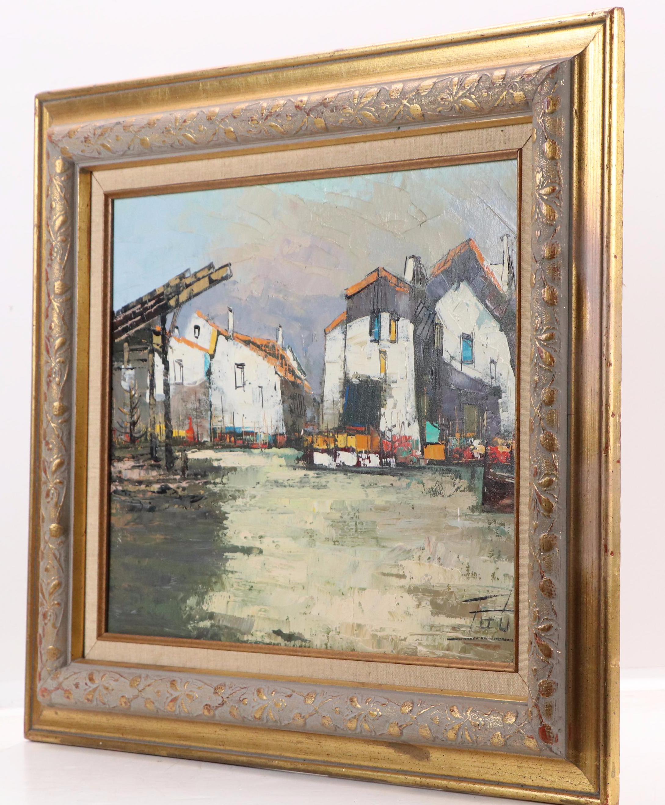 Stylized Impasto Acrylic Painting of Waterfront Houses, Late 20th–21st Century