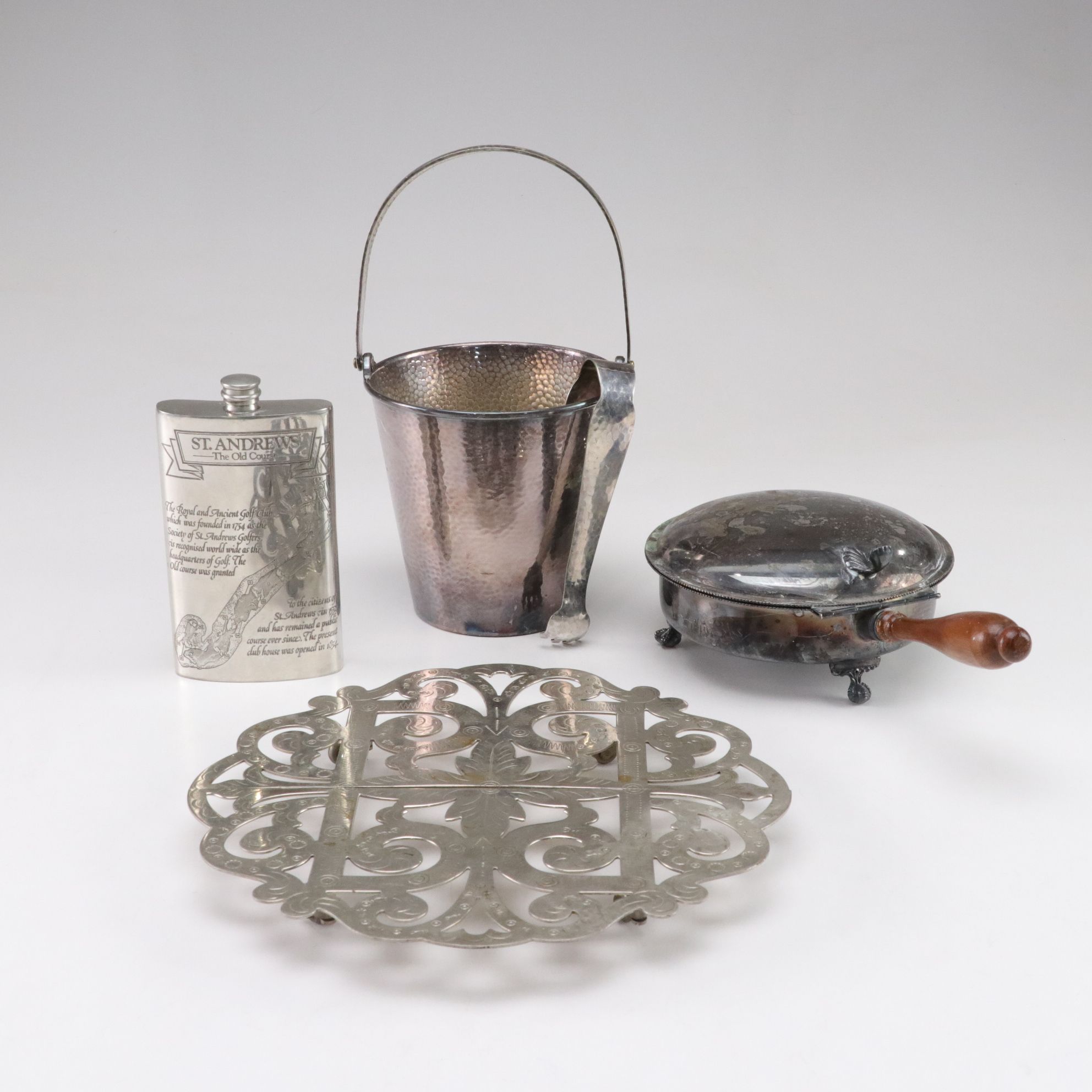 Silver Plate Extendable Trivet, Flask & More