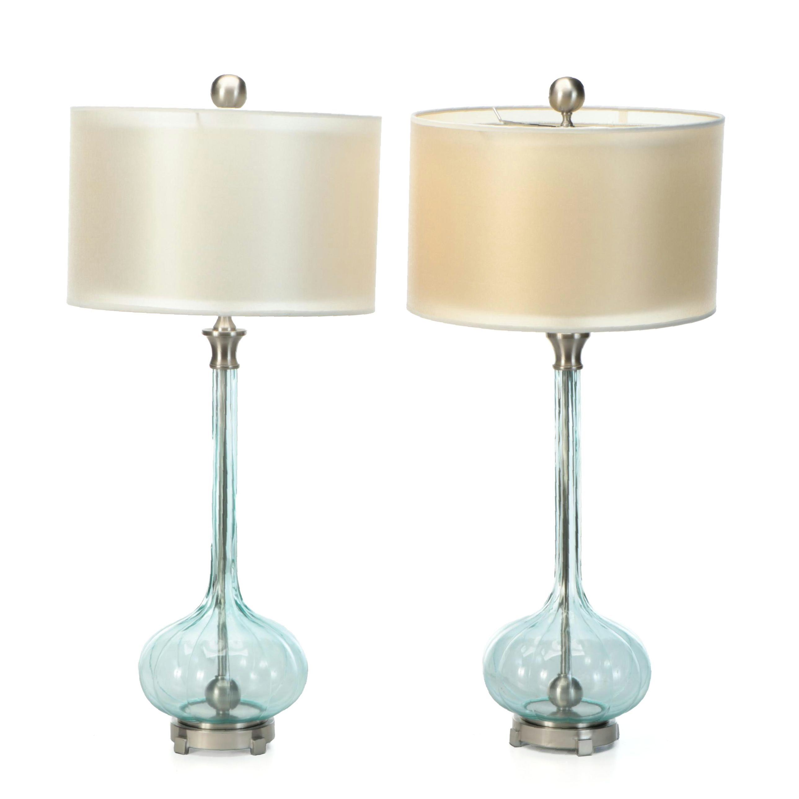 Aqua Glass and Satin Nickel Console Lamps with Double Lined Drum Shades