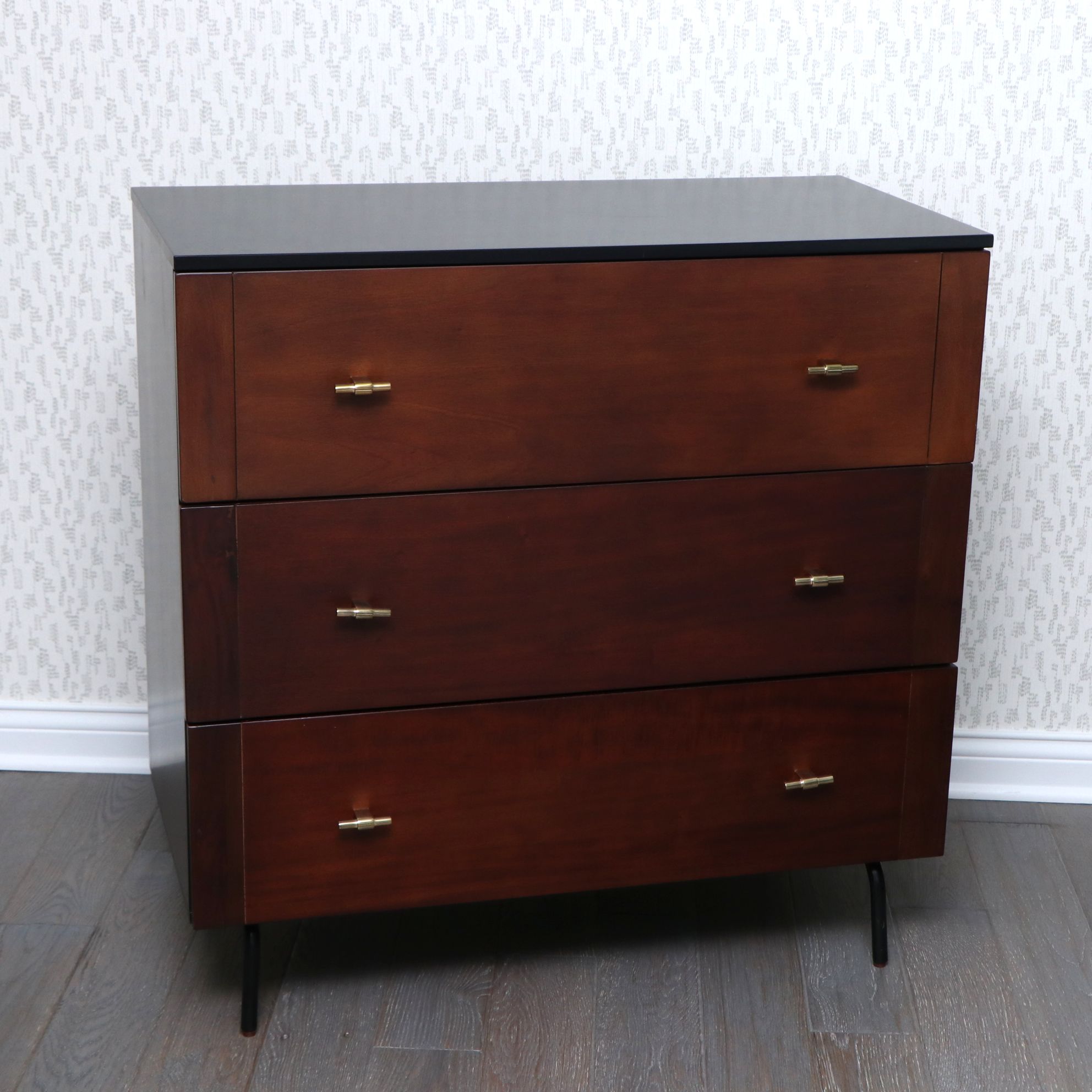 Pair of Safavieh "Genevieve" Walnut Stained Three-Drawer Dressers