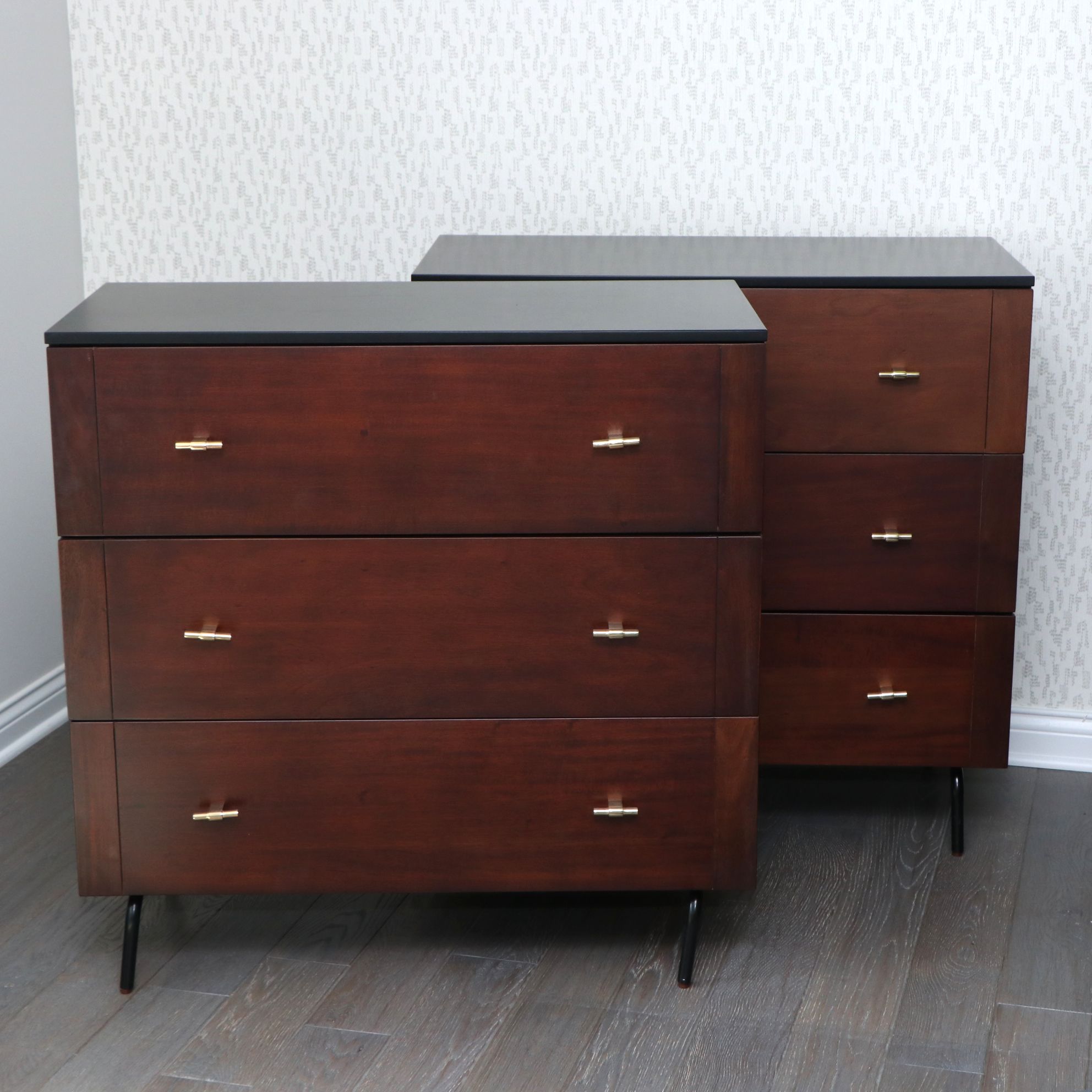 Pair of Safavieh "Genevieve" Walnut Stained Three-Drawer Dressers