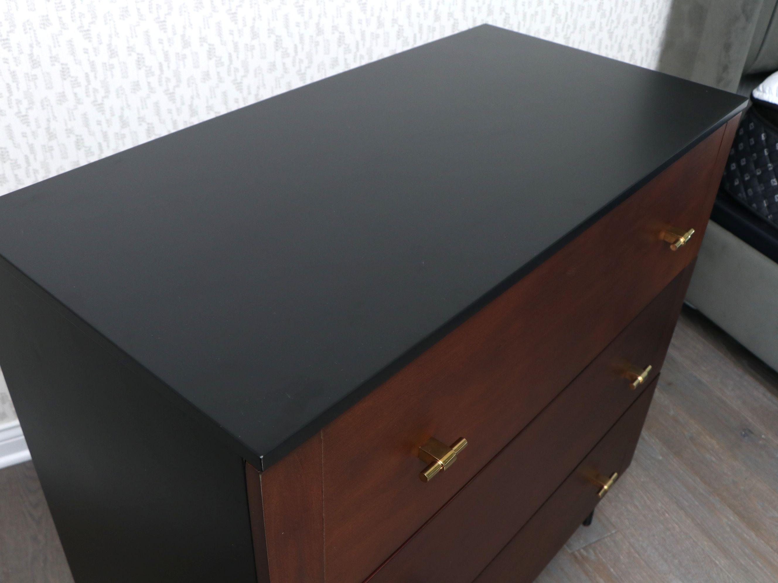 Pair of Safavieh "Genevieve" Walnut Stained Three-Drawer Dressers