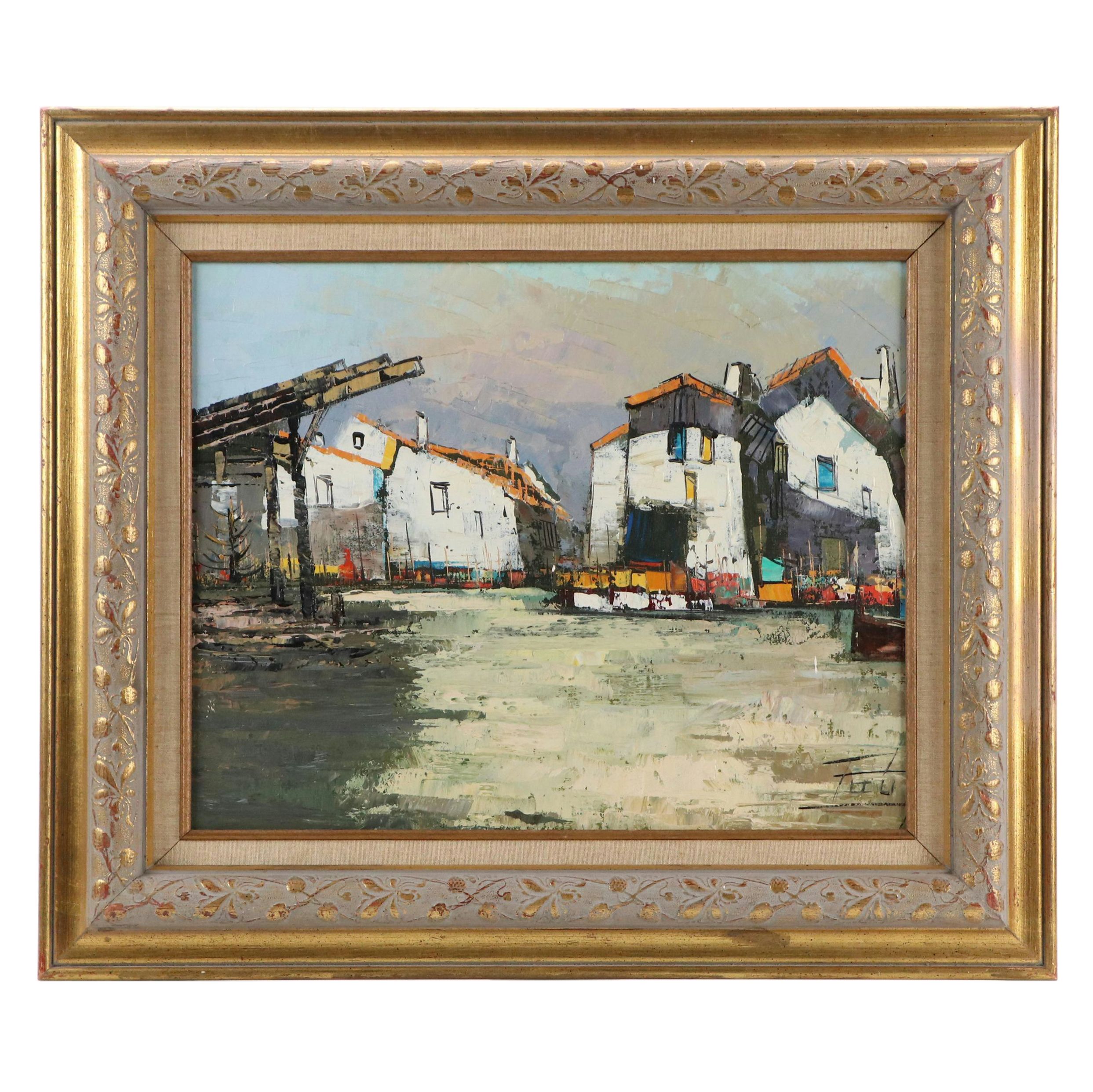 Stylized Impasto Acrylic Painting of Waterfront Houses, Late 20th–21st Century