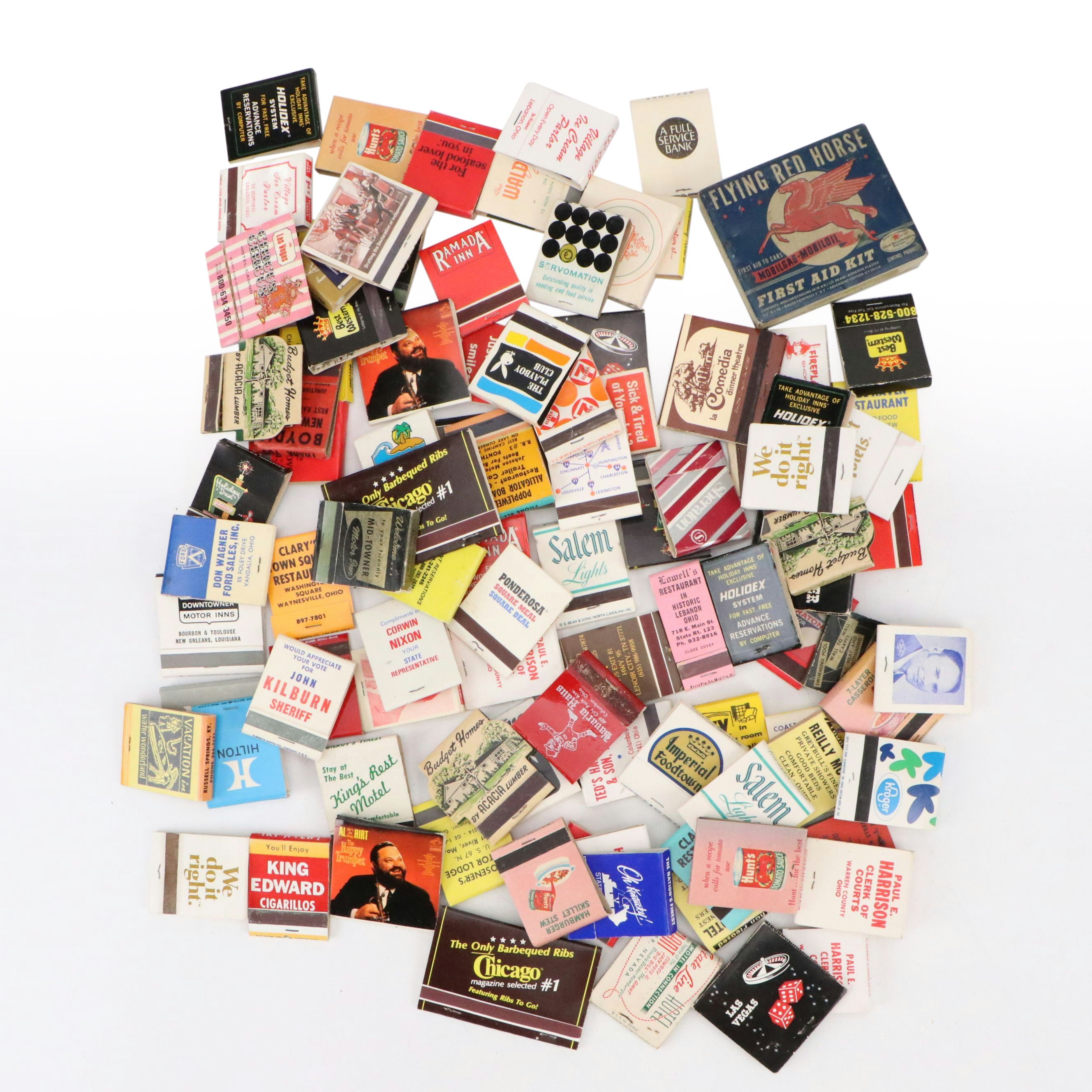 Mobilgas First Aid Kit Tin with Souvenir Matchbooks, Mid to Late 20th Century