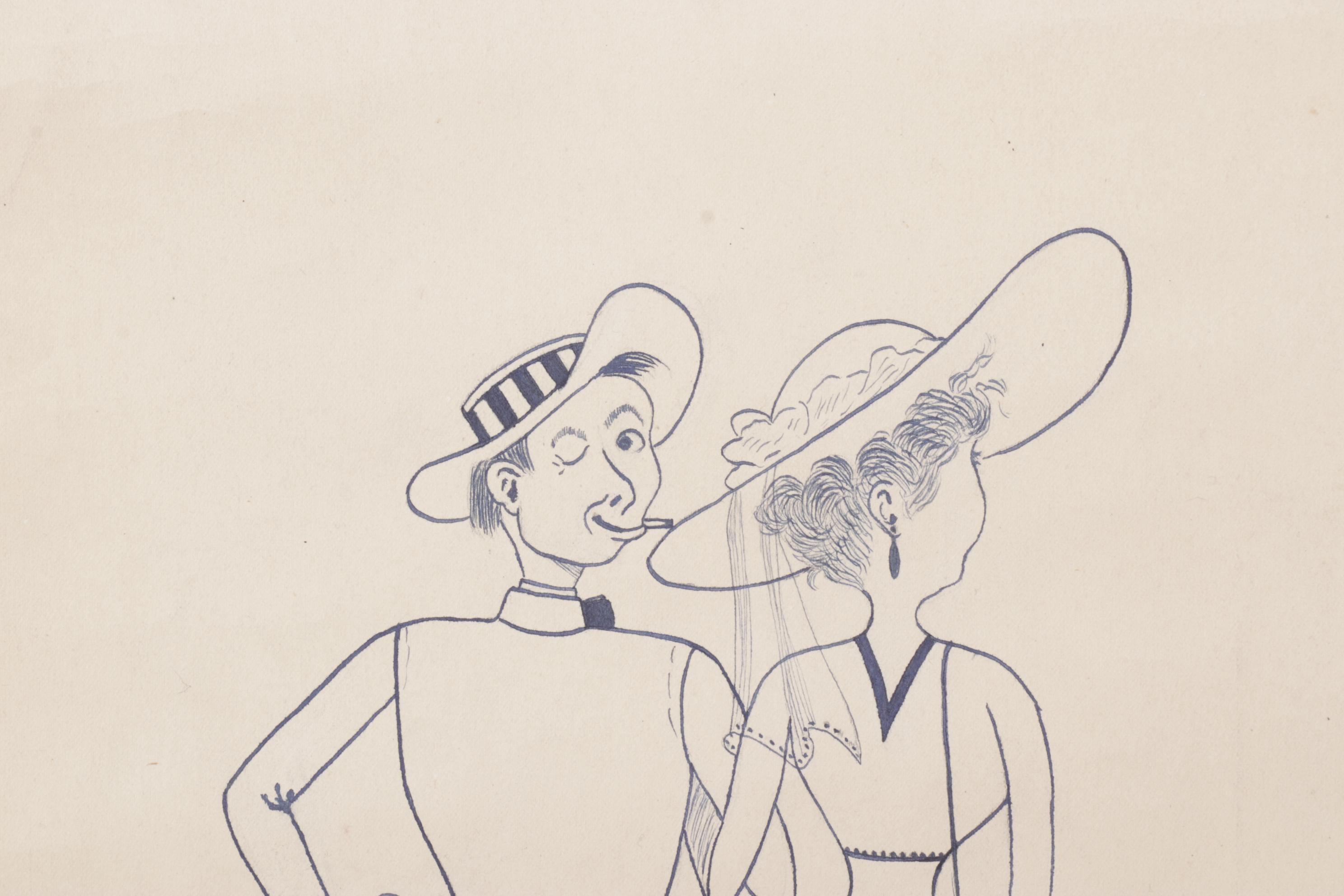 Rothenbush Signed Ink Drawing of Man and Woman on Stroll, Mid-20th Century