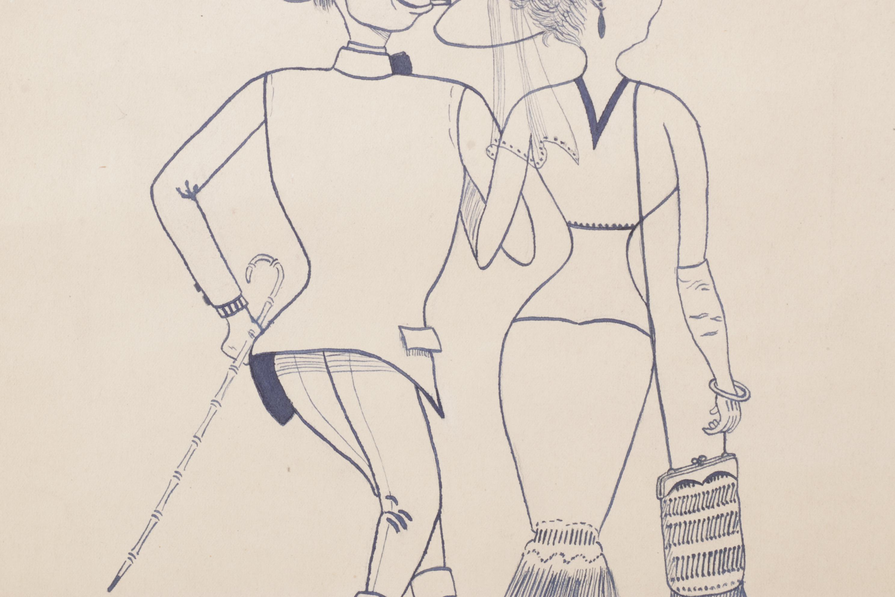 Rothenbush Signed Ink Drawing of Man and Woman on Stroll, Mid-20th Century