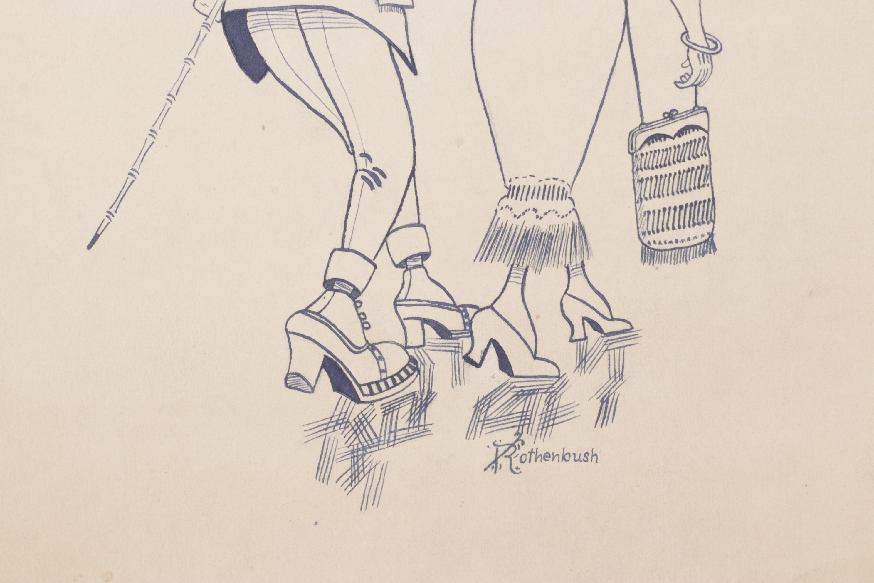 Rothenbush Signed Ink Drawing of Man and Woman on Stroll, Mid-20th Century