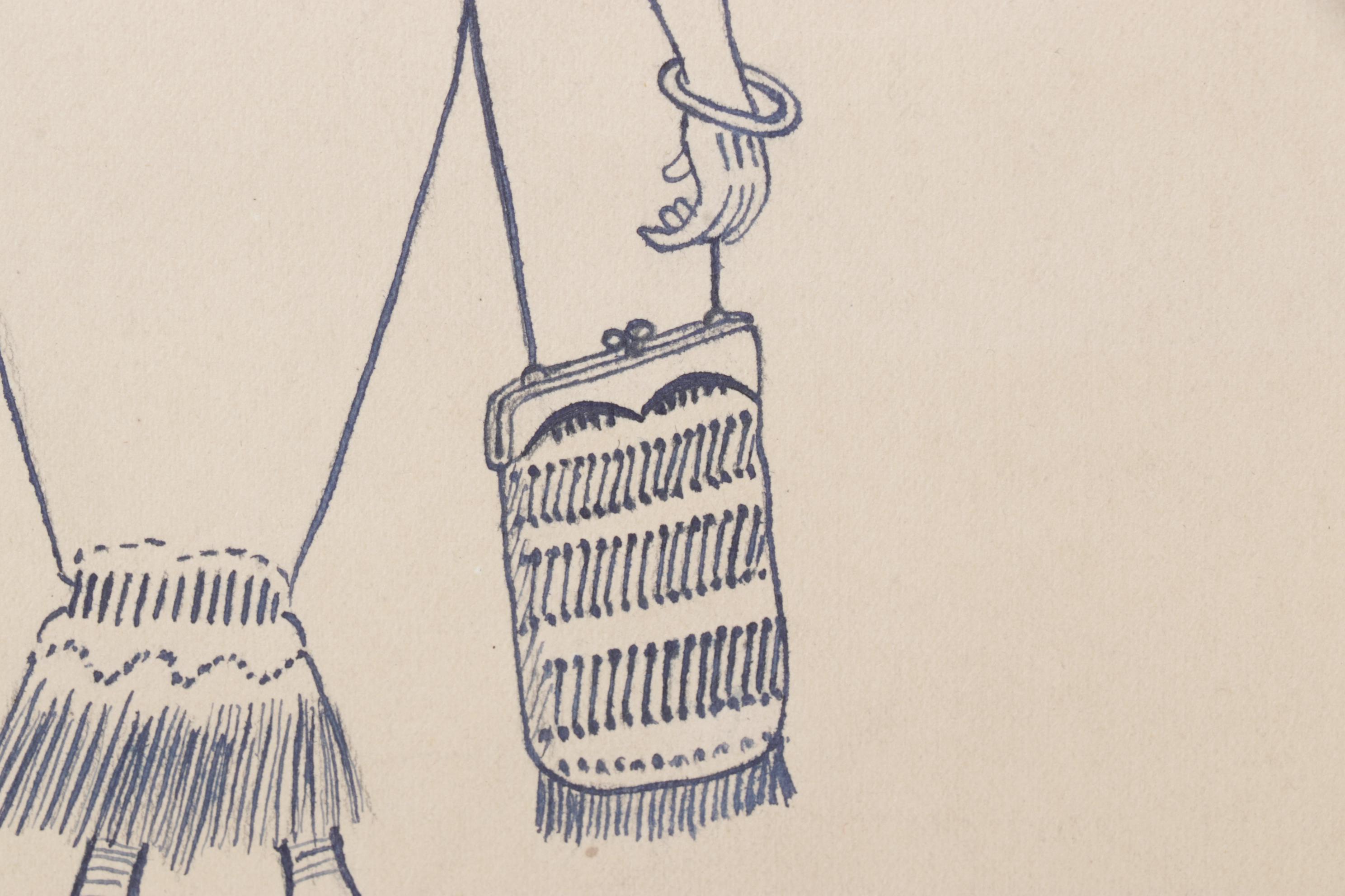 Rothenbush Signed Ink Drawing of Man and Woman on Stroll, Mid-20th Century