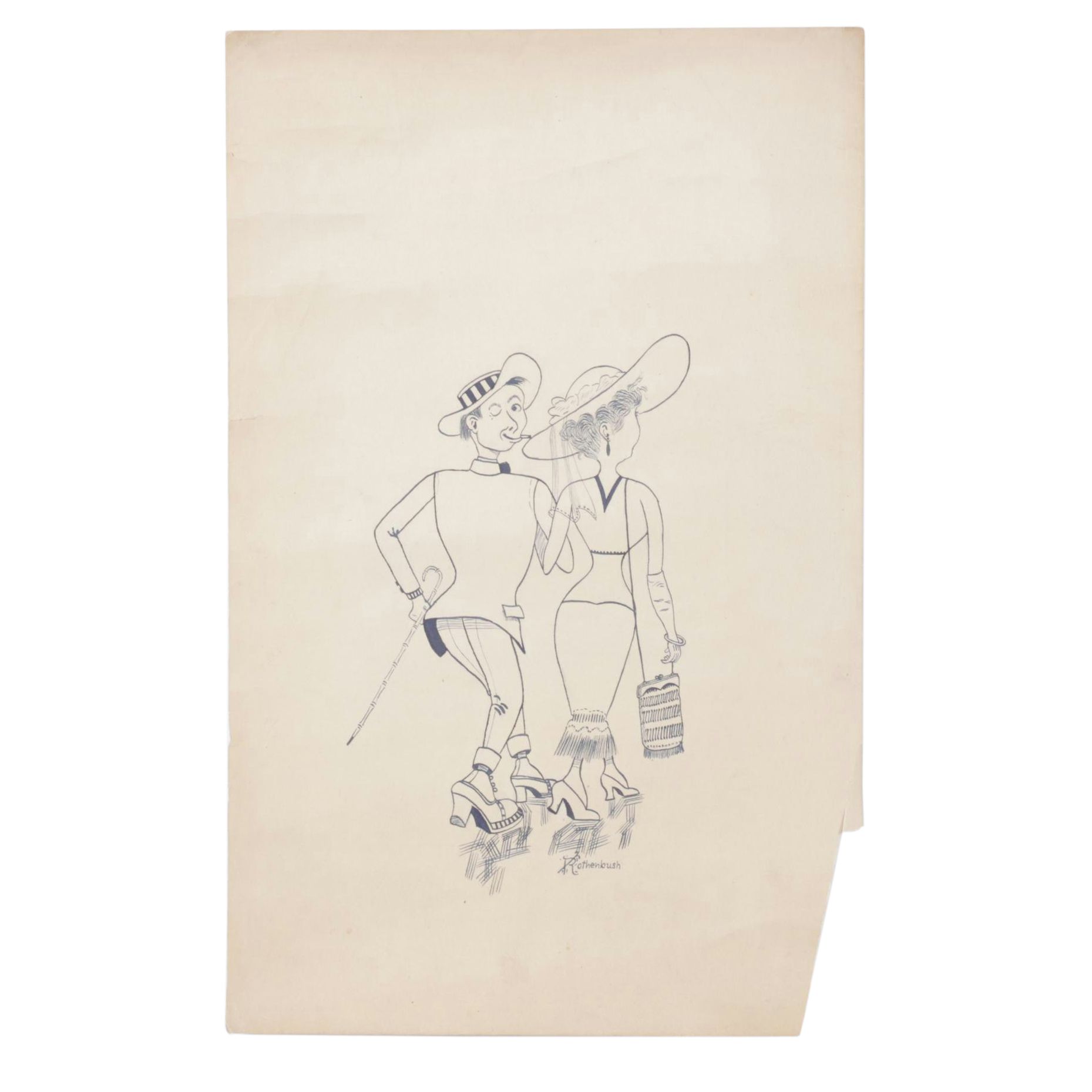 Rothenbush Signed Ink Drawing of Man and Woman on Stroll, Mid-20th Century