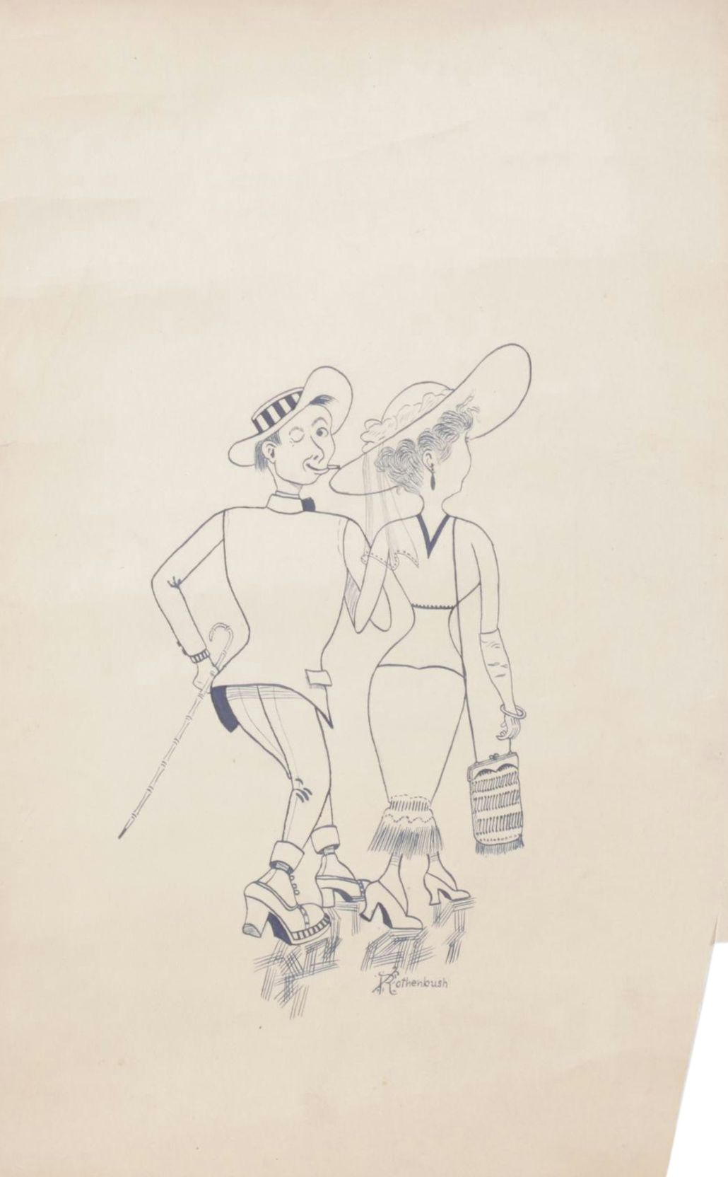 Rothenbush Signed Ink Drawing of Man and Woman on Stroll, Mid-20th Century